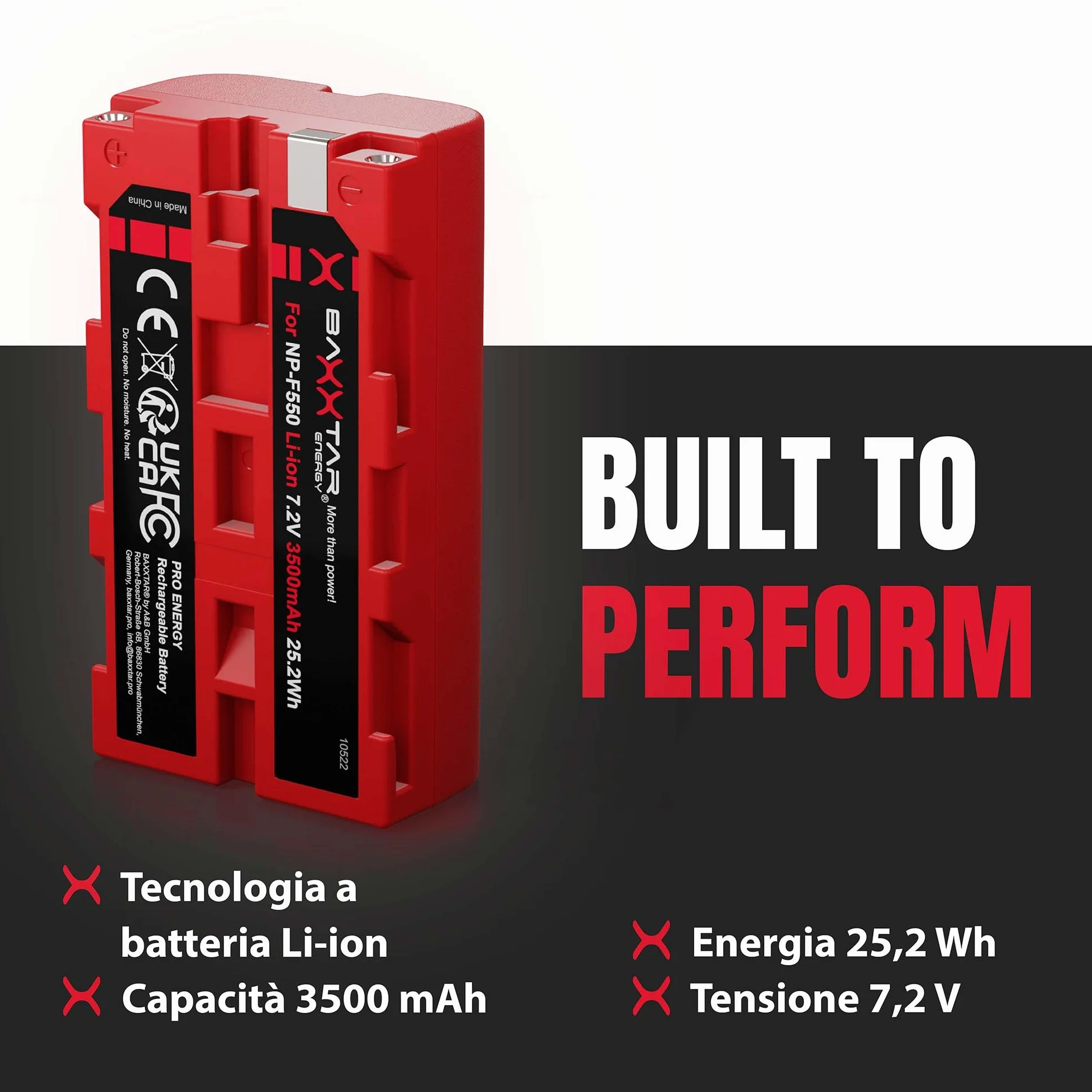 Baxxtar PRO 2x Batteria NP-F550 NP-F570 (3500 mAh / 25,2 Wh) con celle LG – per luci video LED (CN-160 YN-300), monitor da campo e dispositivi Sony NP-F – formato compatto F550