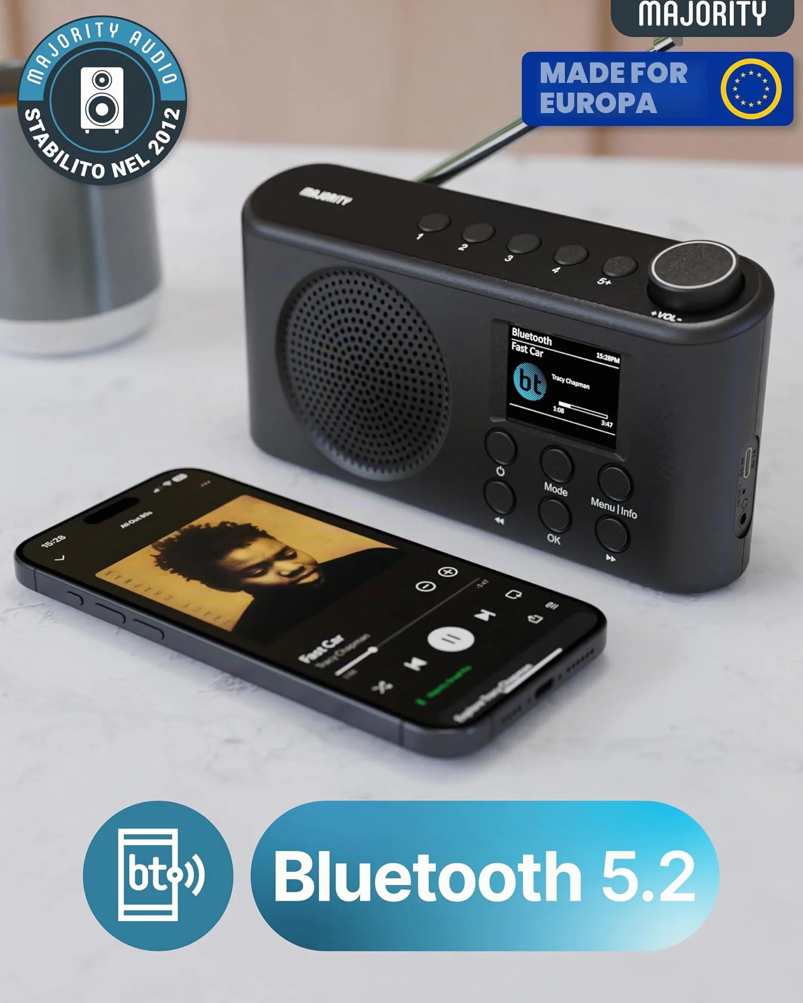 Majority Orwell Pro DAB/DAB+ Radio Portatile | Bluetooth FM, 40 Preset, 4 Pulsanti Rapidi, 15 Ore Batteria Ricaricabile USB-C, Minuterie Sonno, EQ 7 Presets, Schermo LCD | Radio Dab Casa, Viaggio