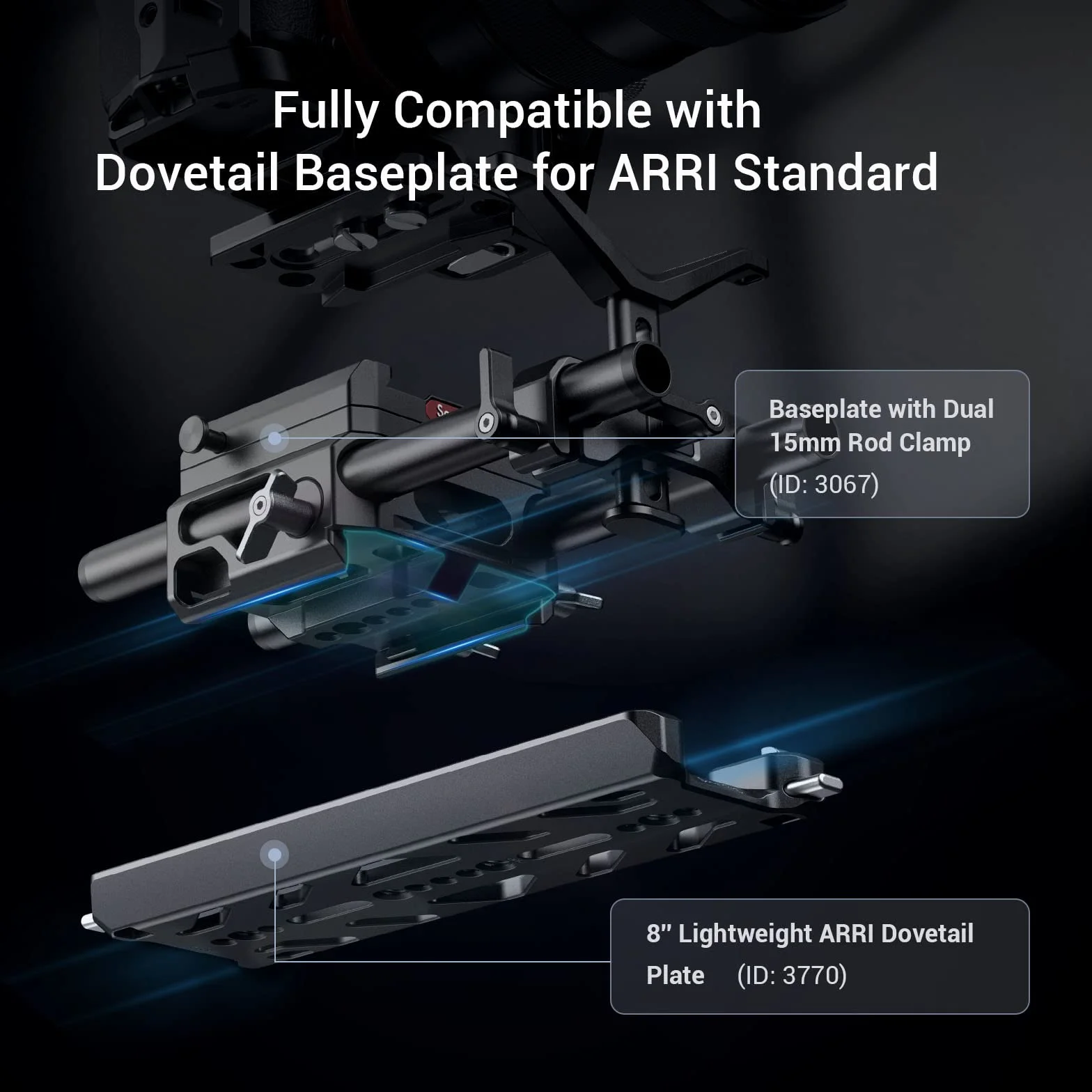 SMALLRIG Piastra a Coda di Rondine Leggera da 8" per ARRI Standard con Carico Massimo 20 kg, con Design di Sicurezza per Kit di Fissaggio, Piastra di Base, Piatto di Formaggio o Veicolo - 3770