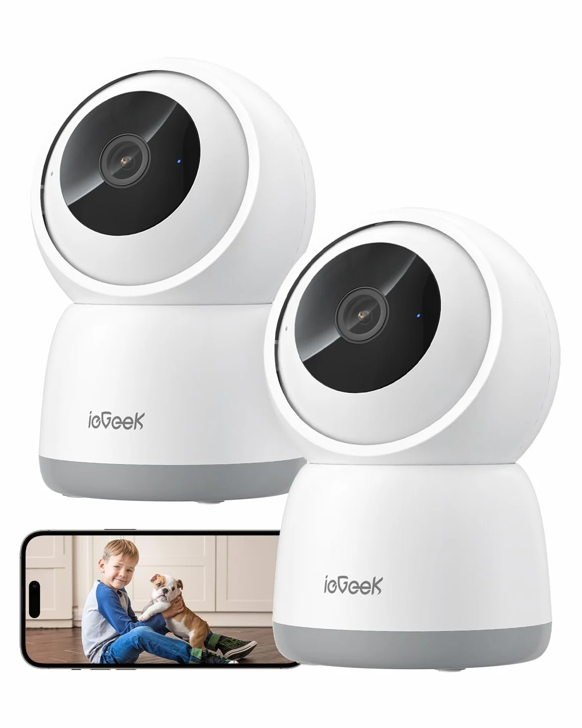 ieGeek 2K Telecamera WiFi Interno 2,4/5GHz, Videocamera Sorveglianza Interne con Tracciamento Automatico e Rotazione a 360°, Registrazione 24/7, Visione Notturna, Audio Bidirezionale, SC1, Bianco/2pcs