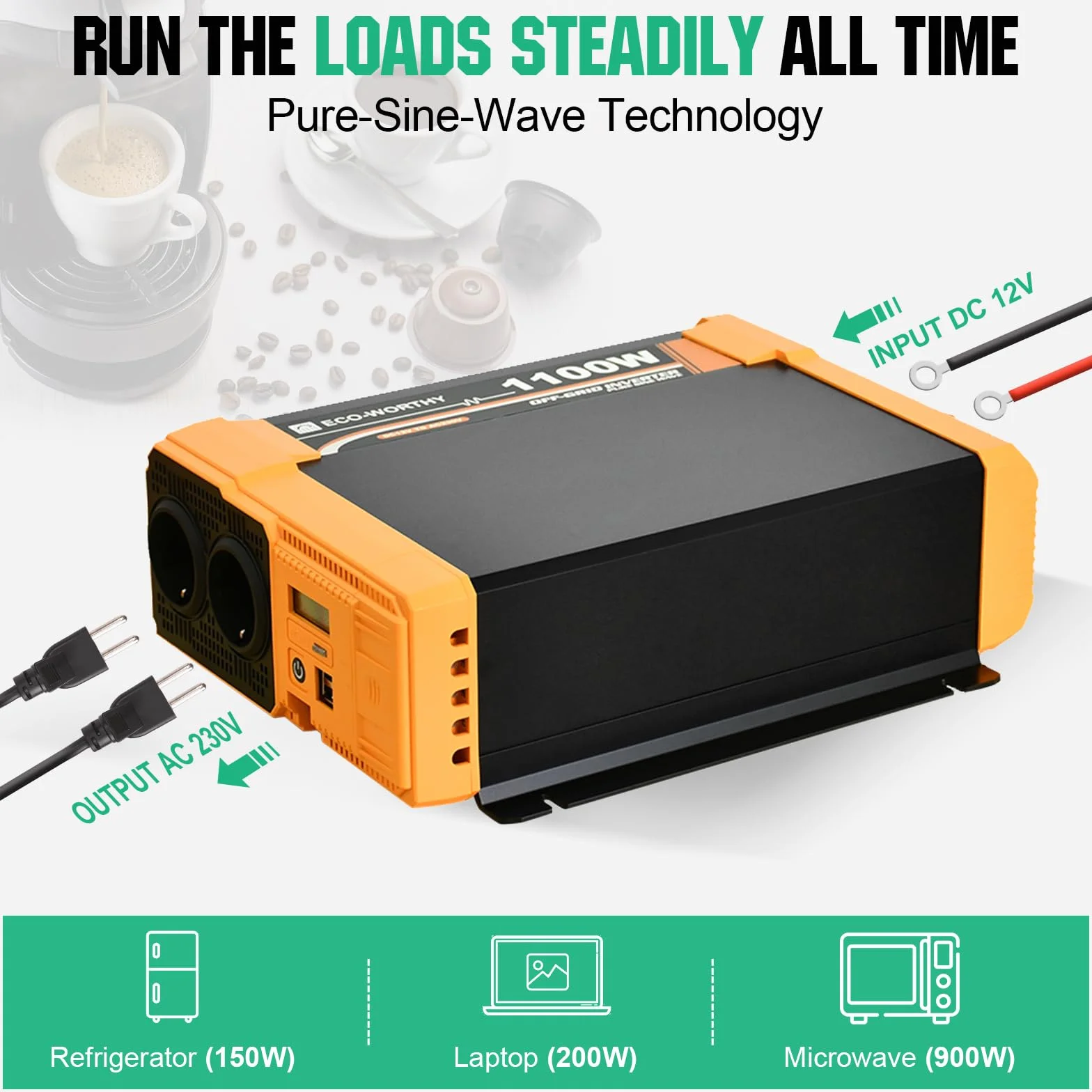 ECO-WORTHY Inverter da 12 V a 230 V sinus puro, convertitore di tensione da 1100 W, connettore USB Dual 18 W, 2 prese AC, 1 morsetti hardwire e 1 fusibile da 100 A, ECO1100W(BB)