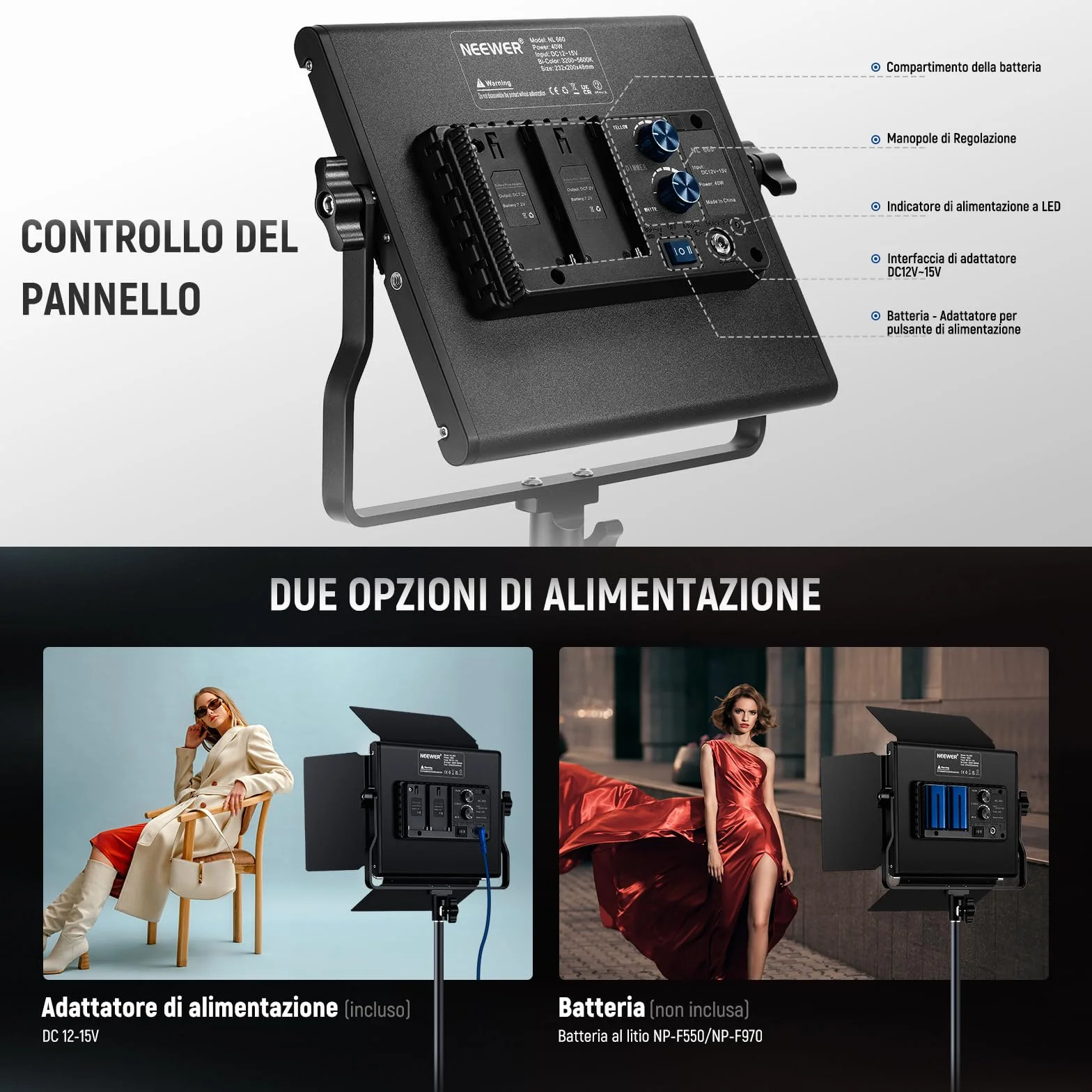 NEEWER 660 Pannello Luce LED Fotografia Kit d’Illuminazione:Luci Video Bicolore Dimmerabile 3200-5600K CRI 96+ & 190cm Cavalletto, Faretto LED Fotografico per Riprese Video e Foto Studio