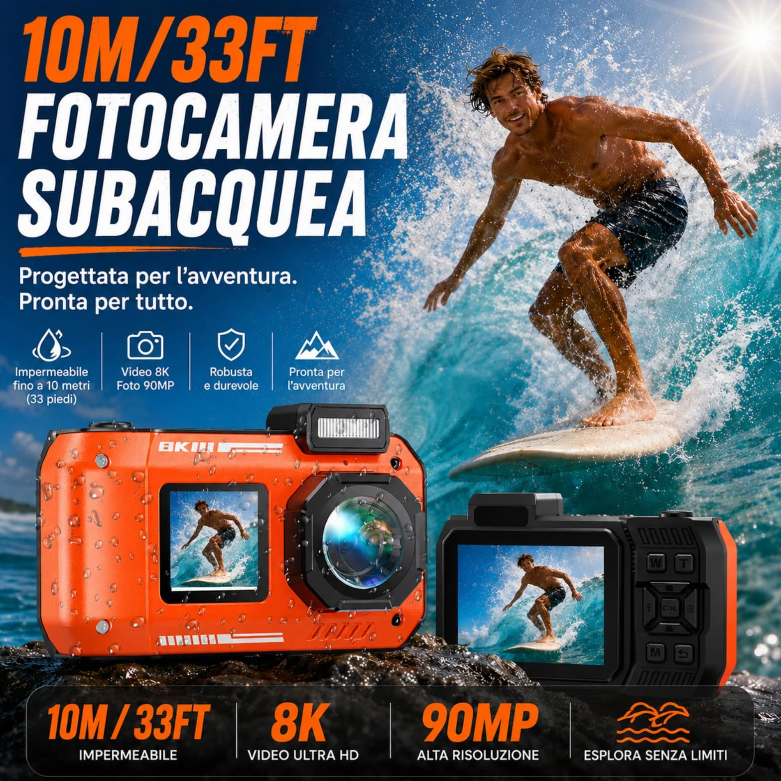 MaxMango D50 33FT Macchina Fotografica Subacquea Impermeabile, 8K 70MP Fotocamera Digitale con 16 GB di Scheda, Doppio Schermo 2.8'' per Selfie, 18x Zoom, Resistente a Polvere e Urti per Snorkeling