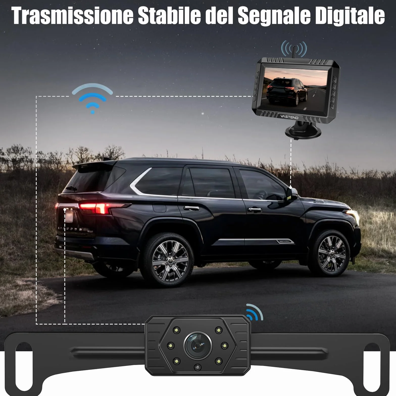 Sistema Wireless Telecamera di Retromarcia con Monitor da 5", 1080P HD, Visione Notturna, Impermeabile IP67, Portata 200m, per Auto, Camion, Furgoni, Camper (VE-5A)