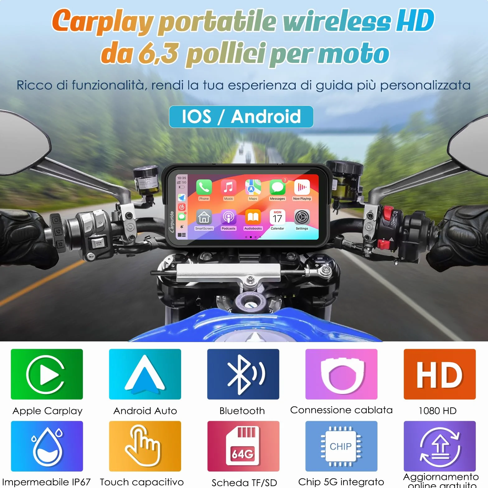 Carpuride W603 Schermo Carplay per Moto, CarPlay Wireless e Android Auto per Moto, Telecomando, Touchscreen Impermeabile da 6,3", Audio BT, Navigazione GPS, Siri, Assistente G00gle