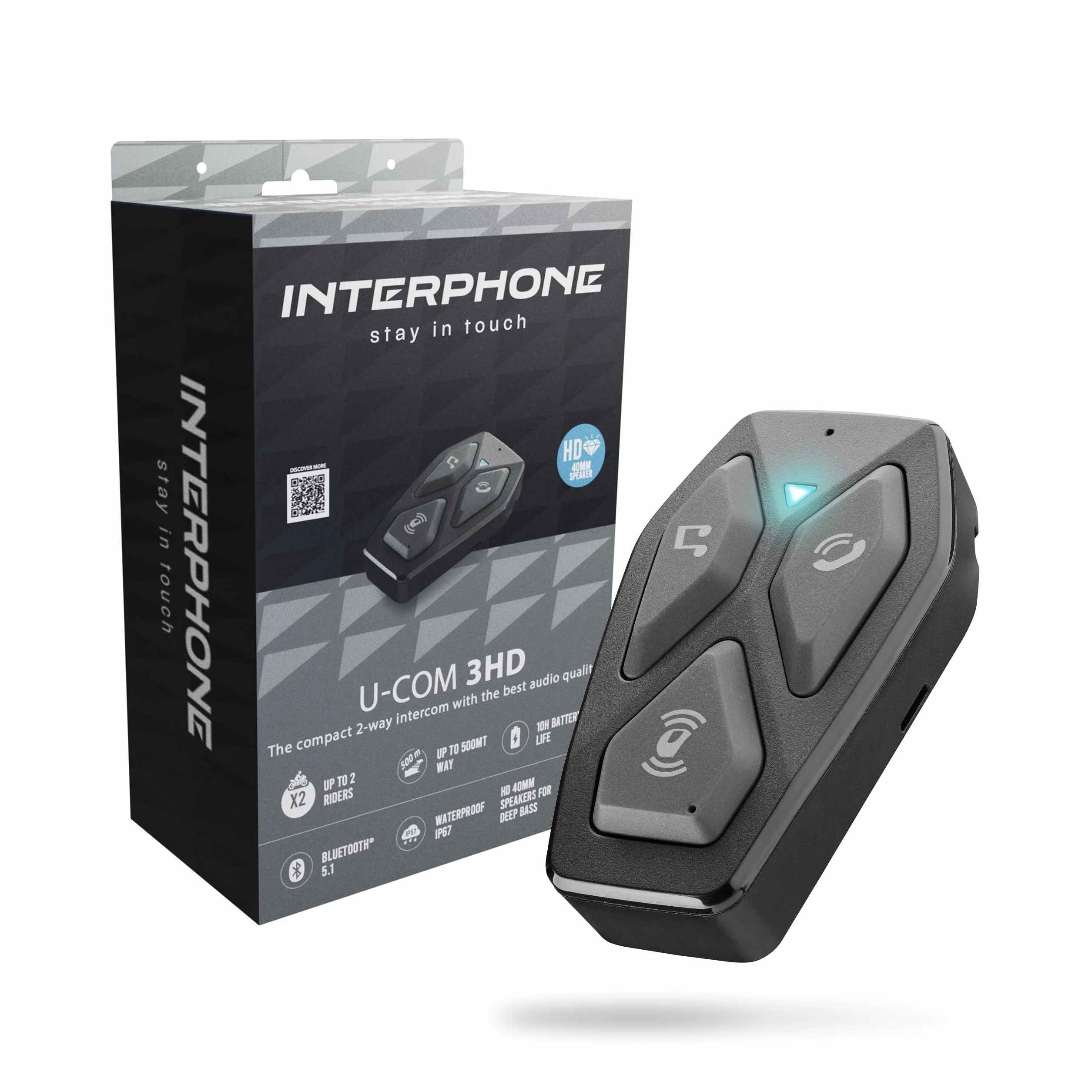 INTERPHONE U-COM 3HD Singolo, Interfono moto di gruppo per 4 utenti fino a 500mt, Interfono casco Bluetooth 5.1 con auricolari HD 40mm per musica, chiamate e GPS, Autonomia 10h e impermeabile IP67