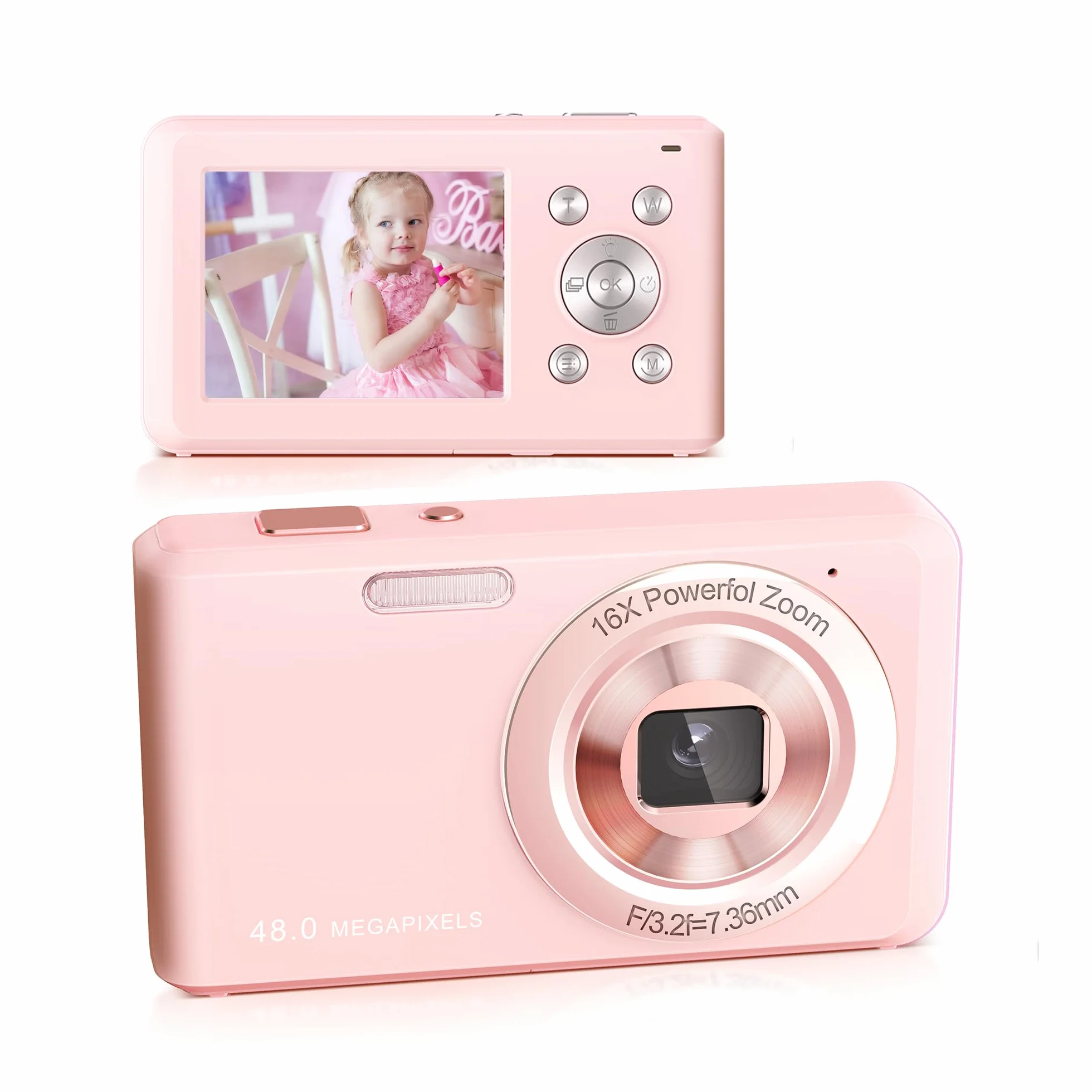 Fotocamera Digitale, HD 1080P con Scheda di Memoria da 32 GB, Fotocamera da 48 Megapixel, LCD da 2,4 Pollici con Zoom Digitale 16x per Ragazze, Adolescenti, Ragazzi e Principianti (Rosa)