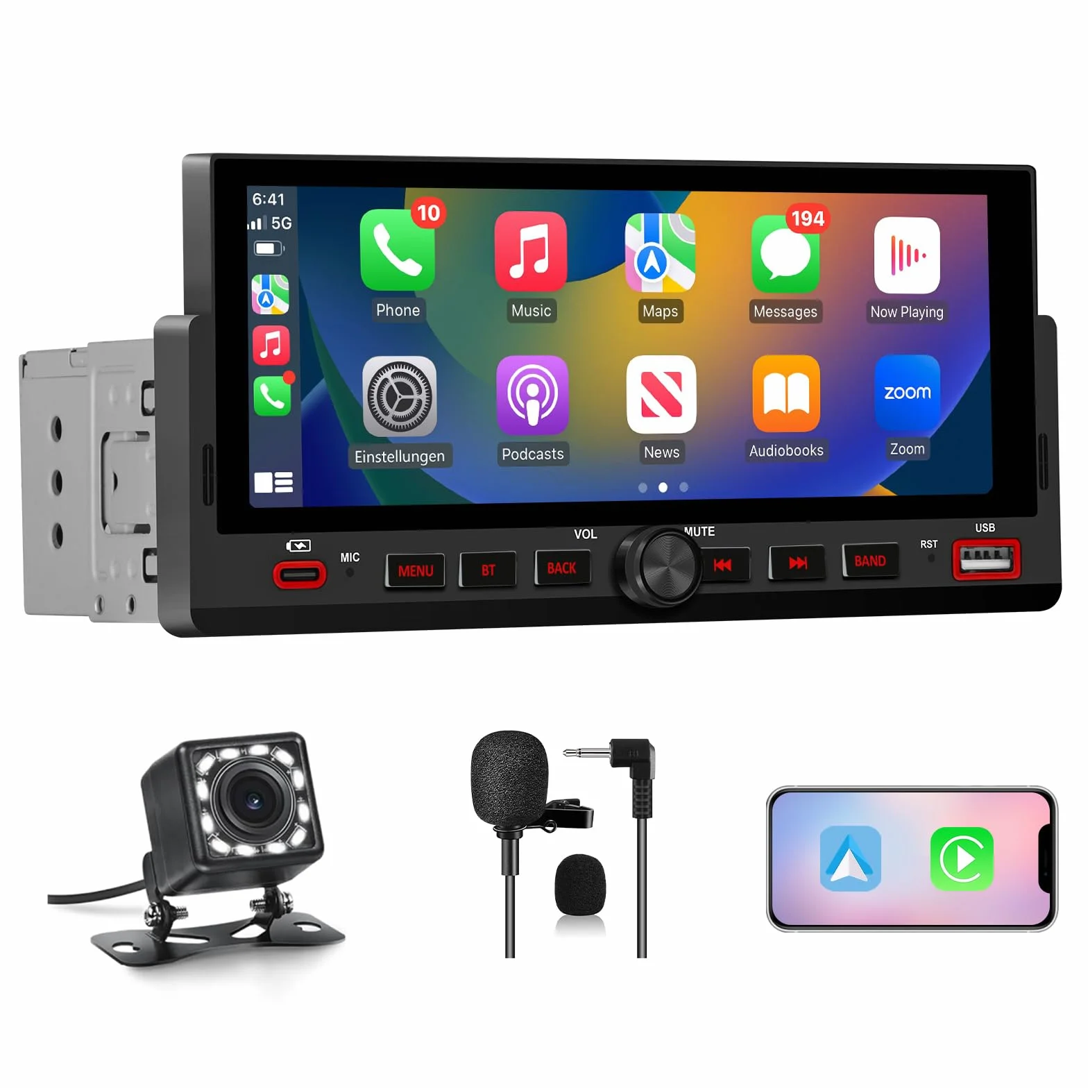 Autoradio 1 DIN con Schermo 6.86 pollici IPS Touchscreen, Car Radio Wireless CarPlay & Android Auto, Pulsante luminoso a 7 colori, FM Tipo-C Comandi al Volante
