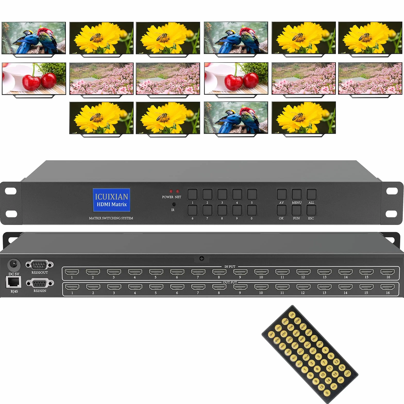 ICUIXIAN Switch a matrice HDMI 16x16 4K/30Hz-1080P/120Hz, matrice HDMI a 16 ingressi-16 uscite supporta Web GUI, RS232 e telecomando IR, EDID, HDCP, Dolby Digital, DTS-HD trasmissione audio principale