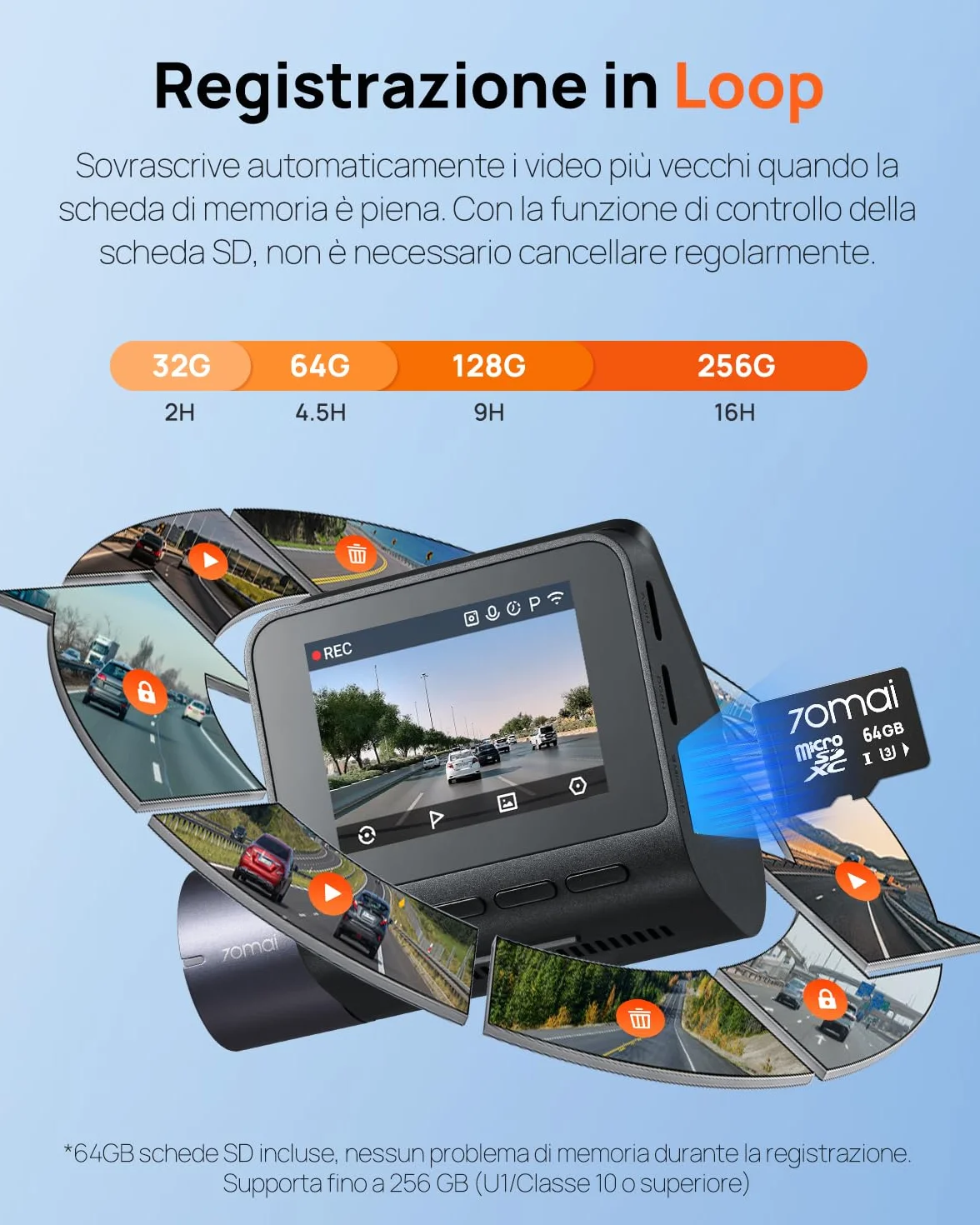 70mai Dash Cam Anteriore e Posteriore A410, Doppia Dashcam 2.5K+1080P HDR, Visione Notturna Super, Apertura F1.55, Modalità Parcheggio 24H, WiFi GPS, G- Sensor, Registrazione in Loop, Include 64GB SD