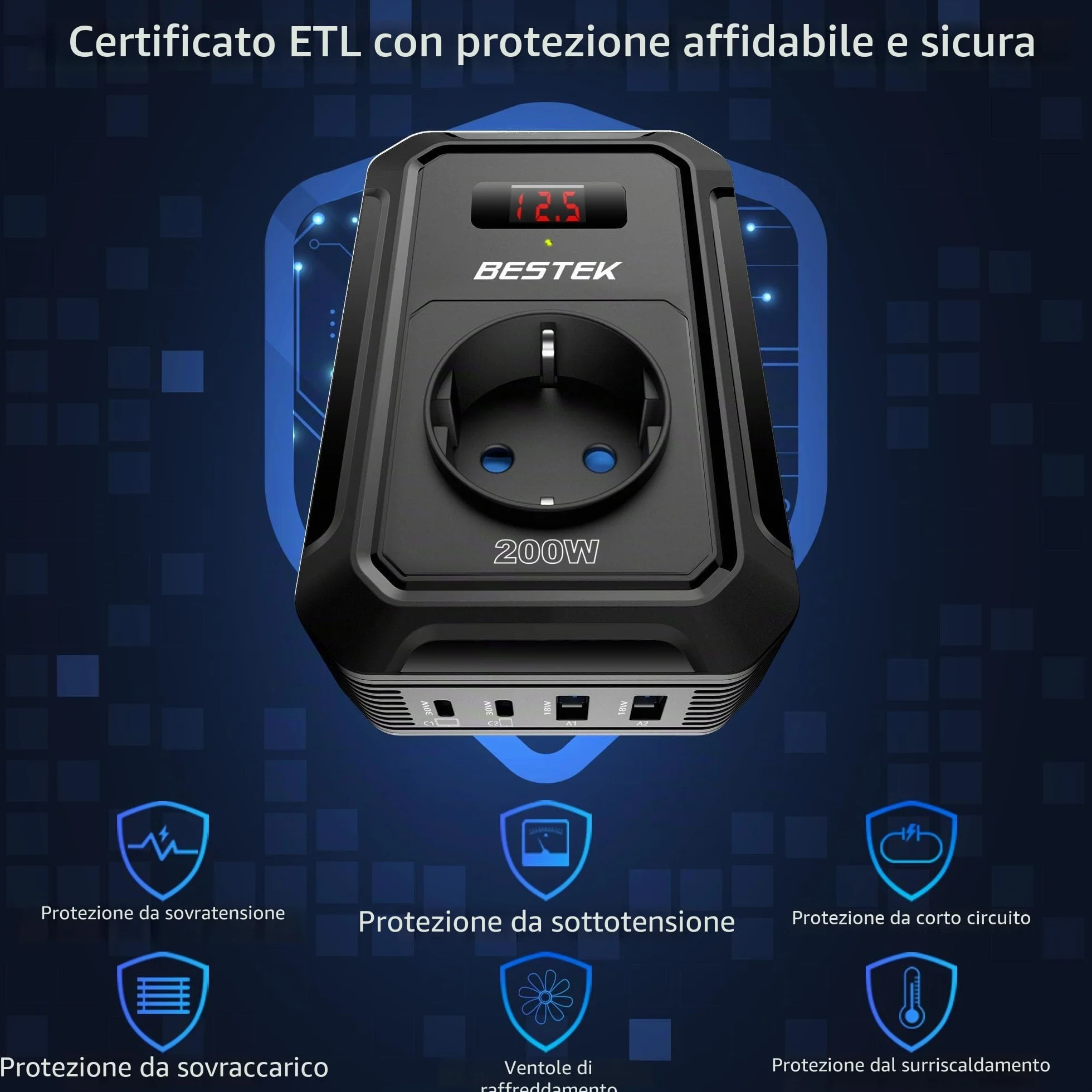 BESTEK 200W Inverter 12v 220v 230V 240V Onda Pura,Inverter Auto con Prese AC 2 USB-C (2*PD 30 W) 2 USB-QC (18 W),Convertitore Potenza per Camper/Barca a Onda Sinusoidale Modificata（Nera）