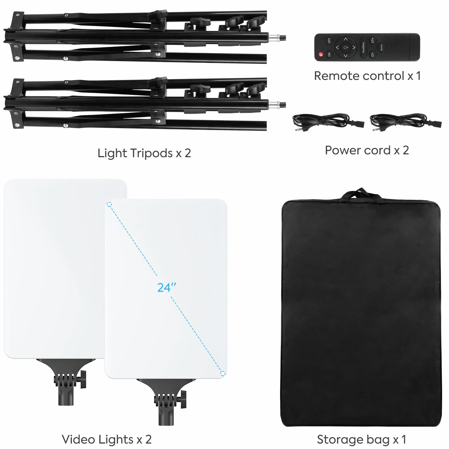 Set di 2 luci video a LED da 24 pollici, 2800-6500 K, dimmerabili, illuminazione continua per fotografia, con telecomando e treppiede da 200 cm, CRI 96+, luci da studio per TikTok, YouTube