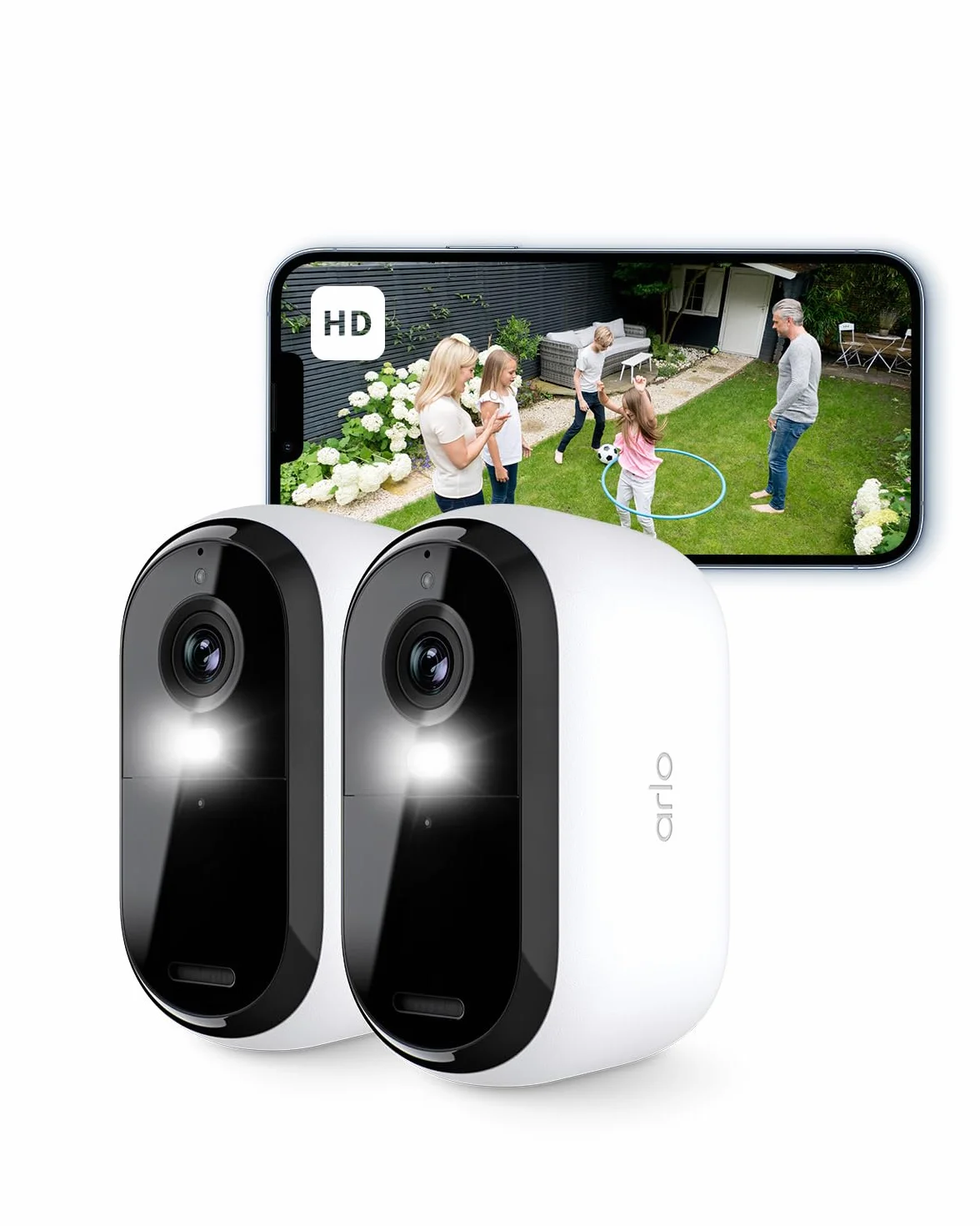 Arlo Essential HD Telecamera WiFi Esterno Senza Fili, Telecamera WiFi Interno, Sirena Allarme Casa, Sensore Di Movimento, Visione Notturna A Colori, Prova Inclusa Arlo Secure, 2 Telecamere, Bianche