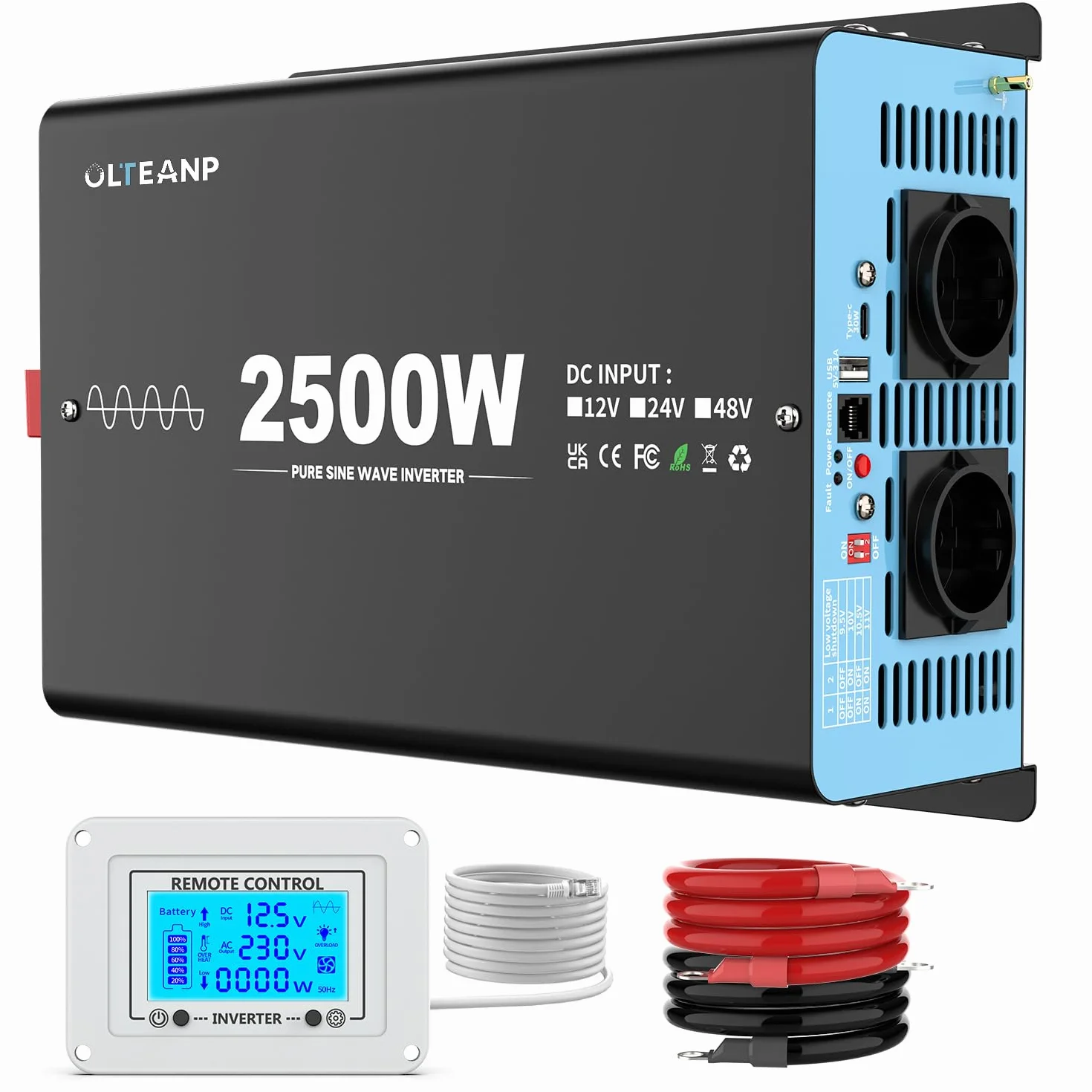 OLTEANP 2500W Convertitore di tensione da 12v a 230v Inverter ad onda sinusoidale pura Convertitore di potenza con 2 uscite AC, porta USB&Type-C per camion, telecomando con schermo LCD