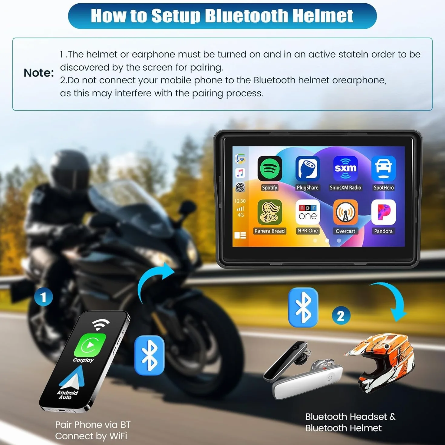 SIXTOP Schermo CarPlay per Moto, CarPlay e Android Auto Wireless per Moto, Touchscreen Impermeabile da 5 Pollici, Audio Bluetooth, Navigazione GPS, Siri