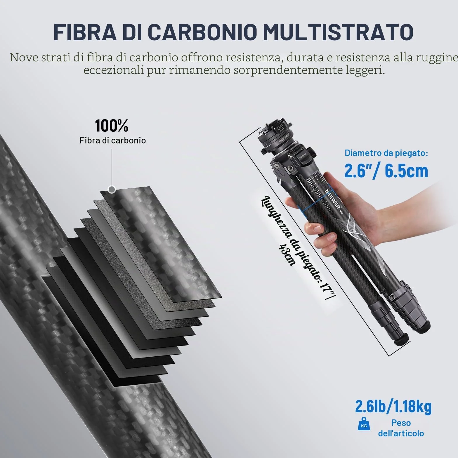 NEEWER Treppiede da Viaggio 62" Fibra di Carbonio con Livellamento ±15°Testa Pan 360°, Colonna Centrale Staccabile, Rilascio Rapido Arca Compatibile con Peak Design Piastra Treppiede Capture V3,TP62