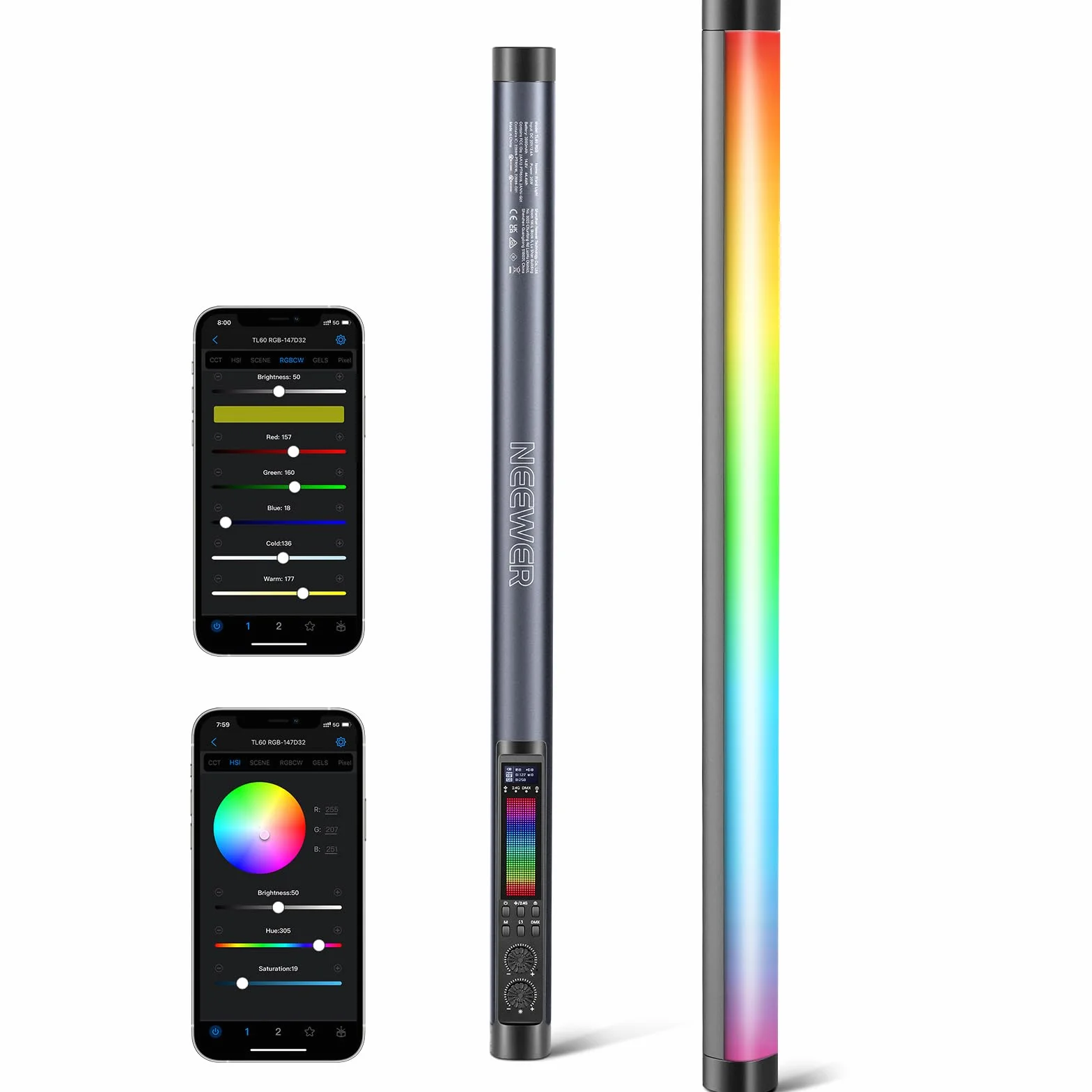NEEWER TL60 Luce Tubo RGB, Barra Luminosa per Video a LED RGBWW a Colori Completi da 20W per Foto Studio Riprese Streaming, Controllo APP/2.4G/DMX, 7 Effetti Pixel 18 Scene, 2500-10000K CRI97+ TLCI98+