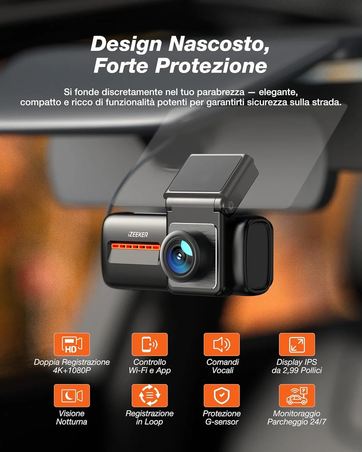 iZEEKER 4K Dash Cam Auto, WiFi 6 Dashcam Auto con Scheda SD 32G, Doppia Dash Cam 4K+1080P, Display IPS da 2,99", APP, Visione Notturna, Sensore G, Registrazione in Loop, Modalità Parcheggio 24H