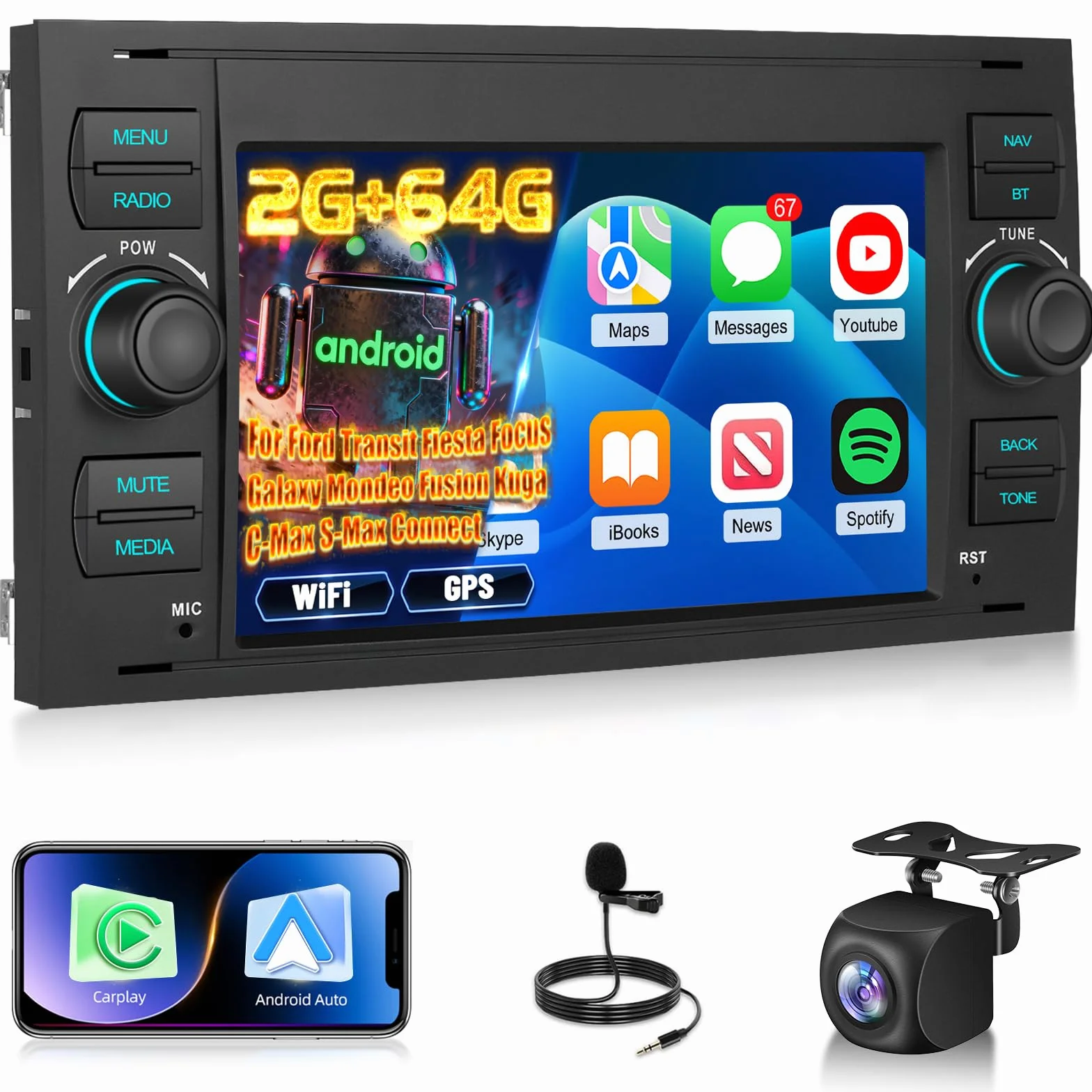 2G+64G Android Autoradio per Ford Transit Fiesta Focus Galaxy Mondeo Fusion Kuga C-Max S-Max con Wireless Carplay e Android Auto, Touch Screen 9 Pollici con WiFi, Navigazione GPS, Bluetooth, FM RDS