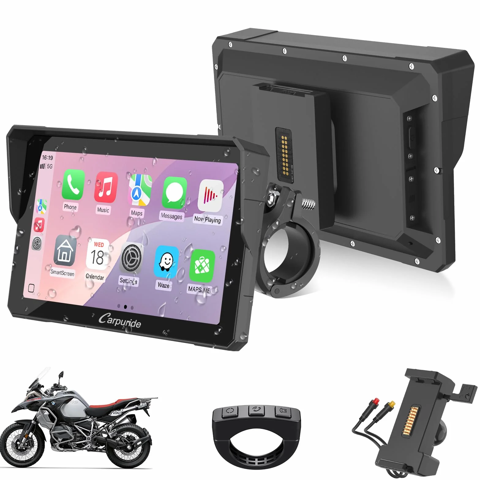CARPURIDE W702S Moto Carplay Schermo 7" Impermeabile Touchscreen Senza Fili CarPlay Android Auto Bluetooth