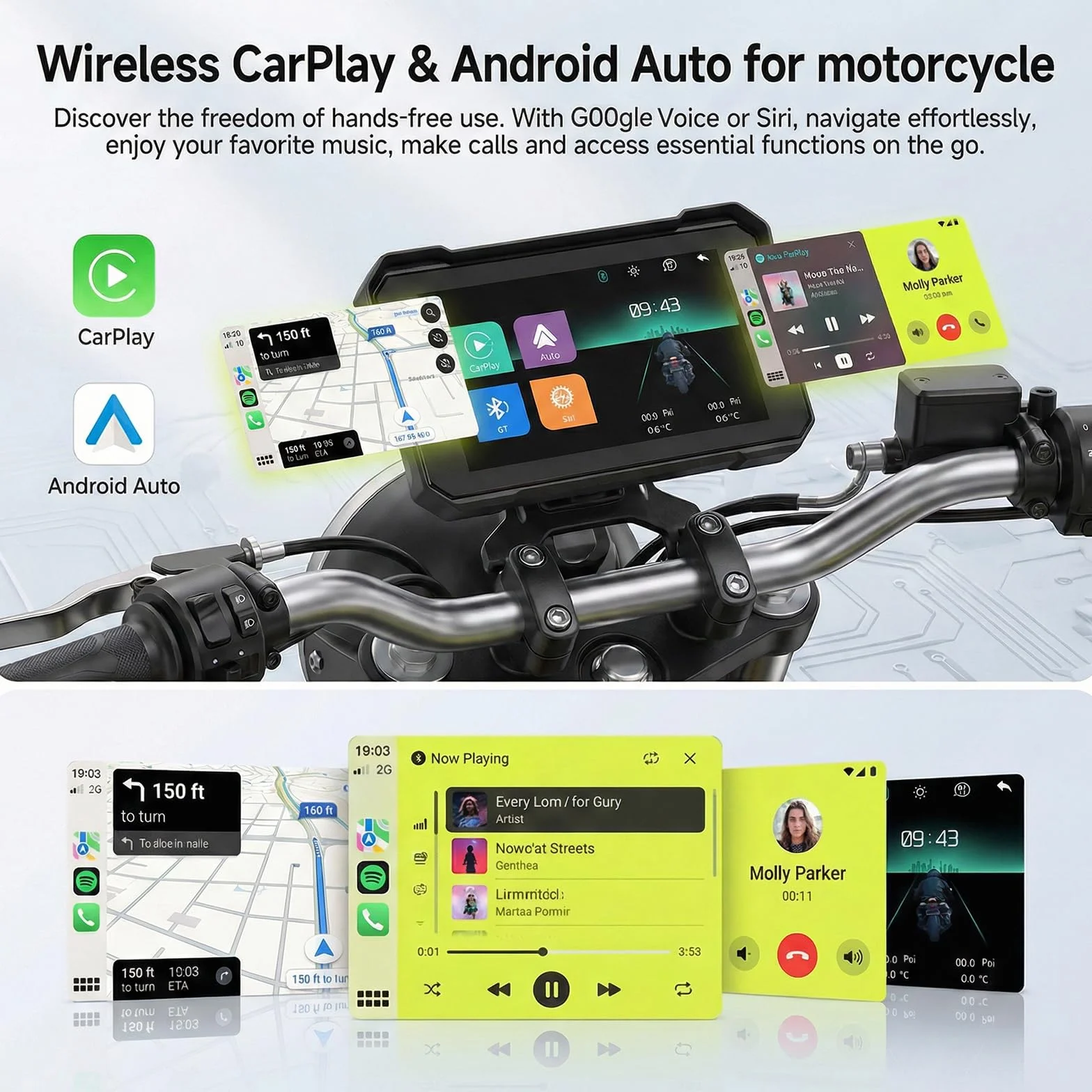 Rimoody Carplay Senza Fili Schermo per Moto 5 Pollici Touchscreen Autoradio Portatile IP68 Impermeabile Android Auto Bluetooth Rilevamento Pressione Pneumatici 12V