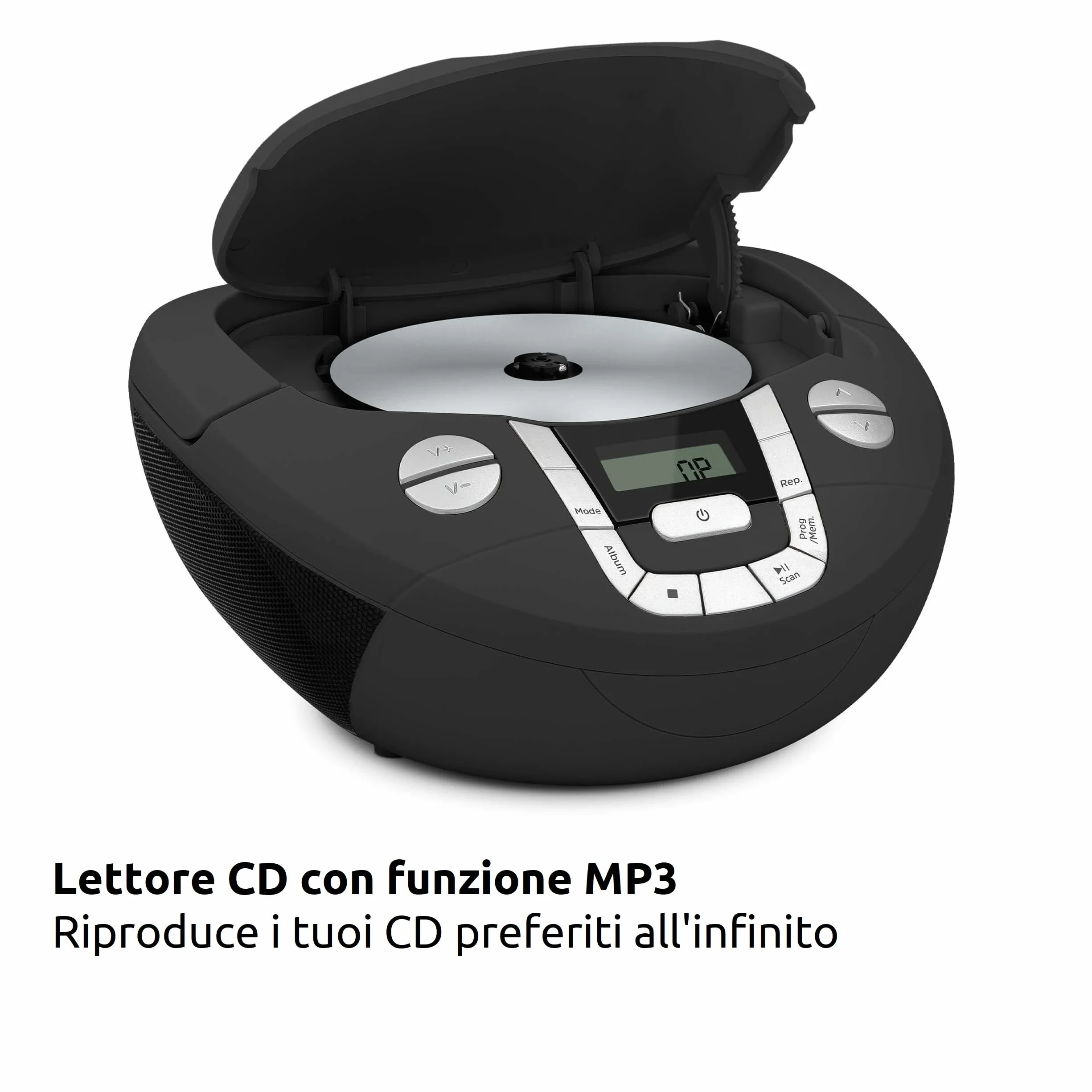 TechniSat VIOLA CD-1 - lettore CD stereo portatile con maniglia per il trasporto, boombox nera, sintonizzatore radio FM, ricezione Bluetooth, potenza di 2 x 1 W RMS, alimentazione a rete e a batteria
