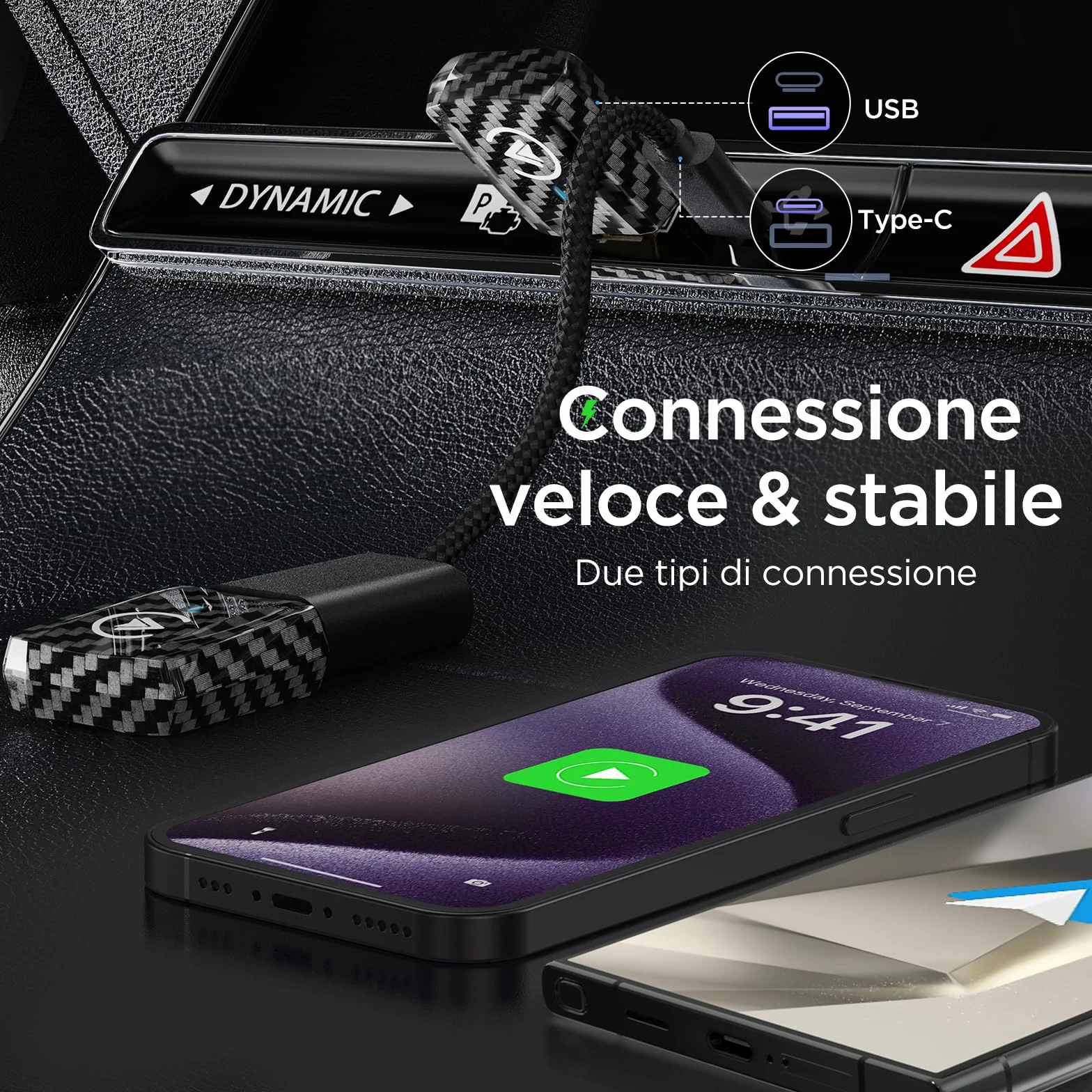 MSXTTLY Adattatore Wireless CarPlay e Android Auto U2AC-01, Converte CarPlay/Android Auto Cablato in Wireless, compatibile con iPhone 17/16/15/14/13/12 R e Android 11+, USB-C/USB-A, Nero