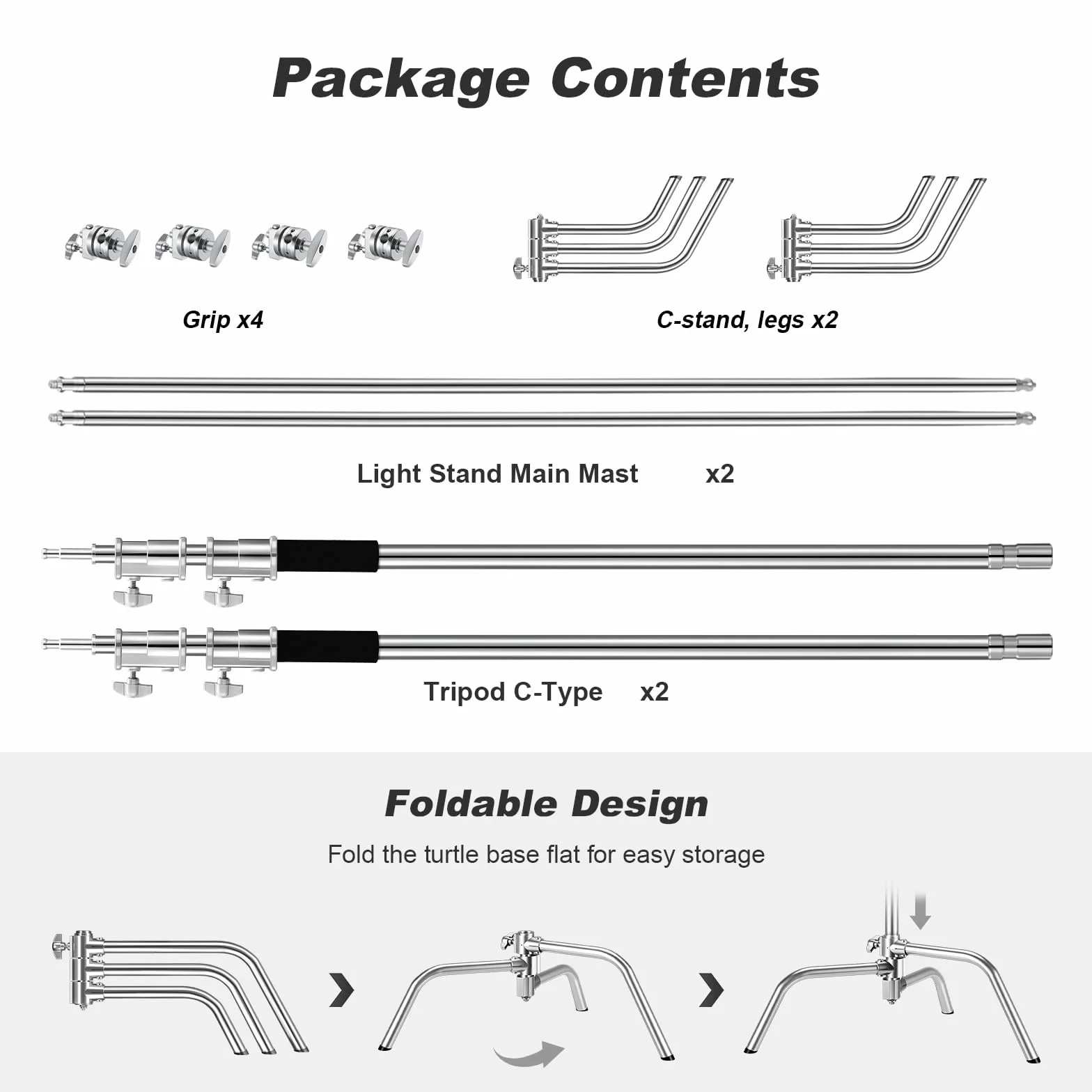 Soonpho 2-Pack C Stand Set 100% Acciaio Inossidabile Heavy Duty Supporto a C Argento Fotografia Light Stand 330cm Regolabile Supporto Luce per Godox AD200 Pro SK400II Aputure 120D