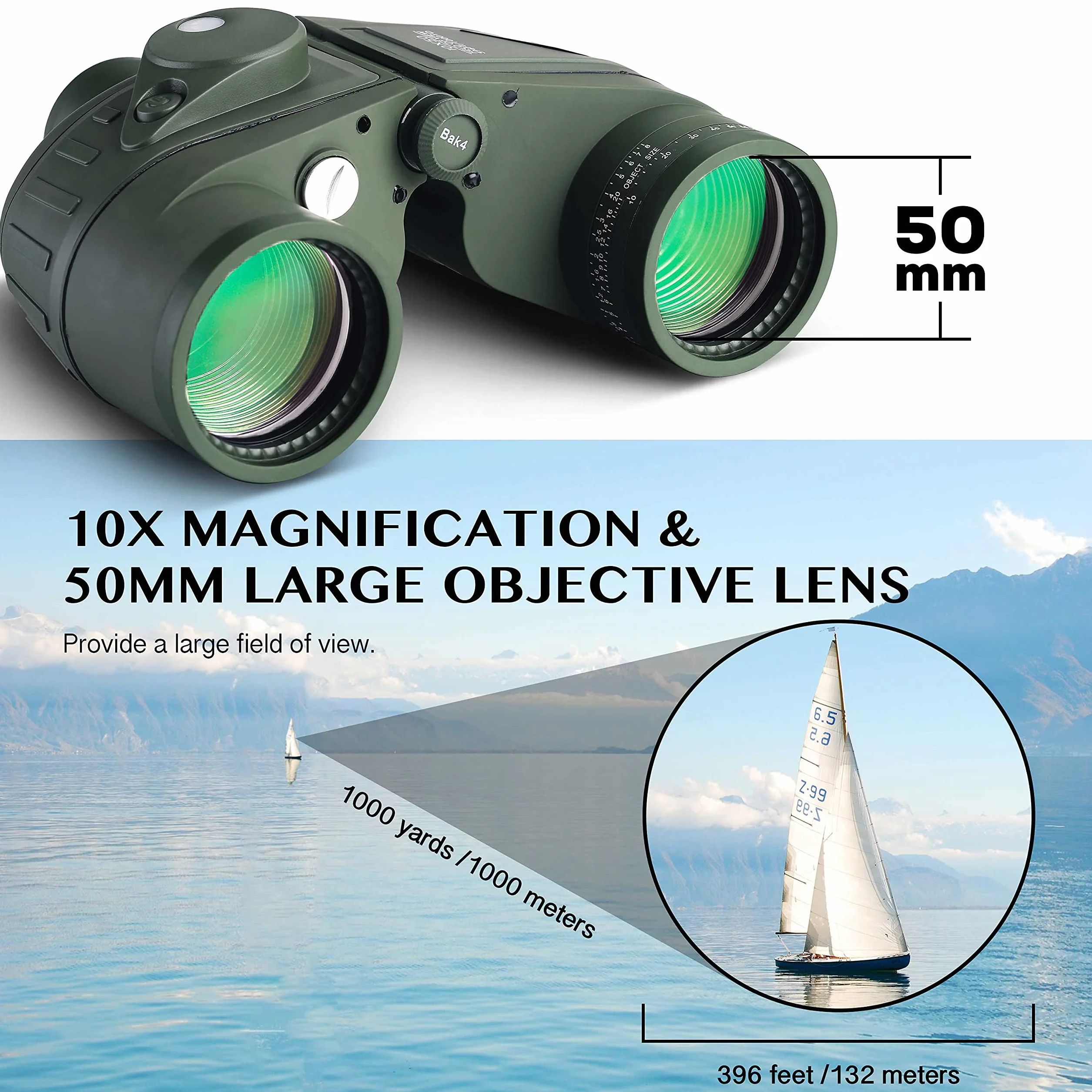 Aomekie Binocolo Professionale 10x50 Impermeabile Militare Professionale Con Bussola Multifunzione Oscillante Adatto Al Bird Watching Caccia Vela Con Tracolla e Pacchetto
