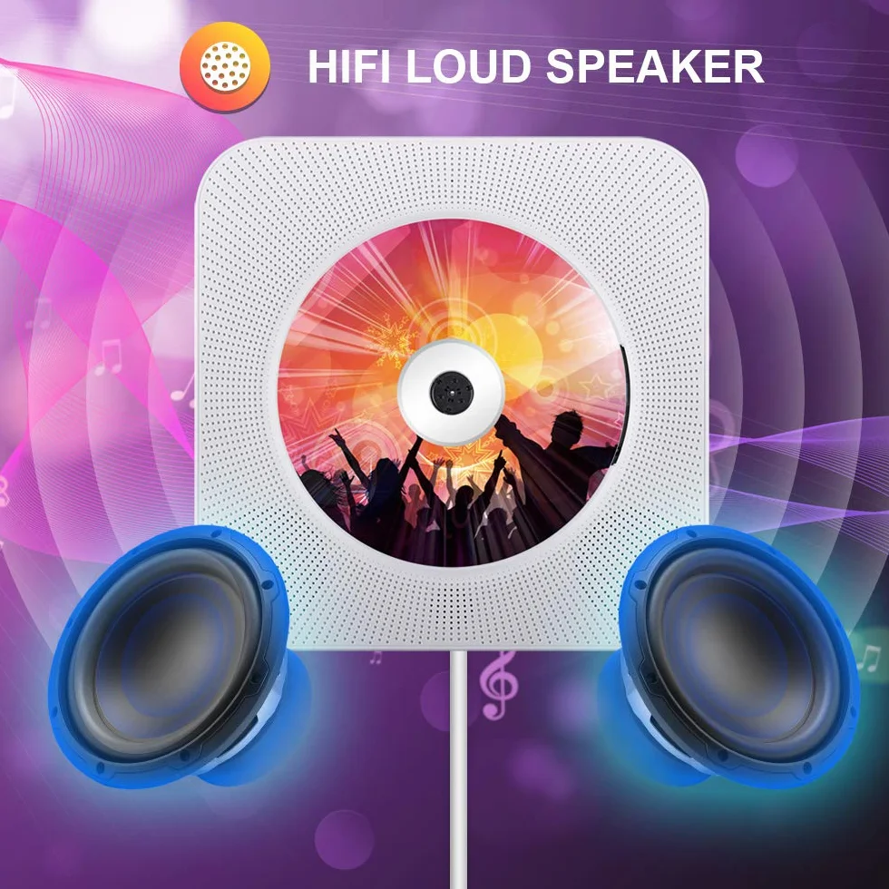 Lettore CD Portatile Qoosea Lettore Musicale Montabile a Parete Altoparlanti HiFi Bluetooth Integrati con Telecomando Radio FM Ingresso 3,5 mm AUX con Interruttore a Tirante