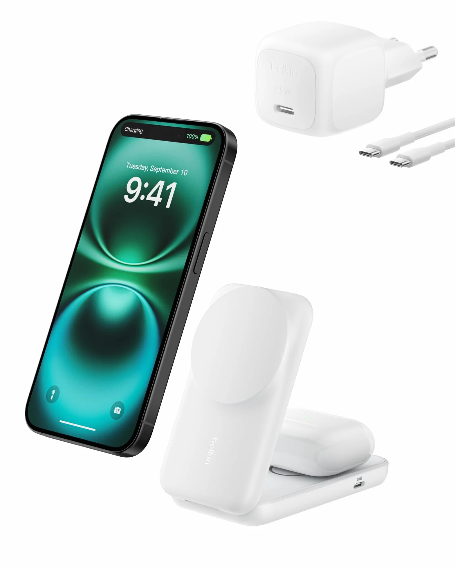 Belkin UltraCharge Caricatore iPhone Qi2, Stazione di Ricarica Wireless 2 in 1 25W, Caricatore Wireless Compatibile con MagSafe per iPhone, AirPods, Pixelsnap con Porta USB-C e Adattatore 45W, Bianco