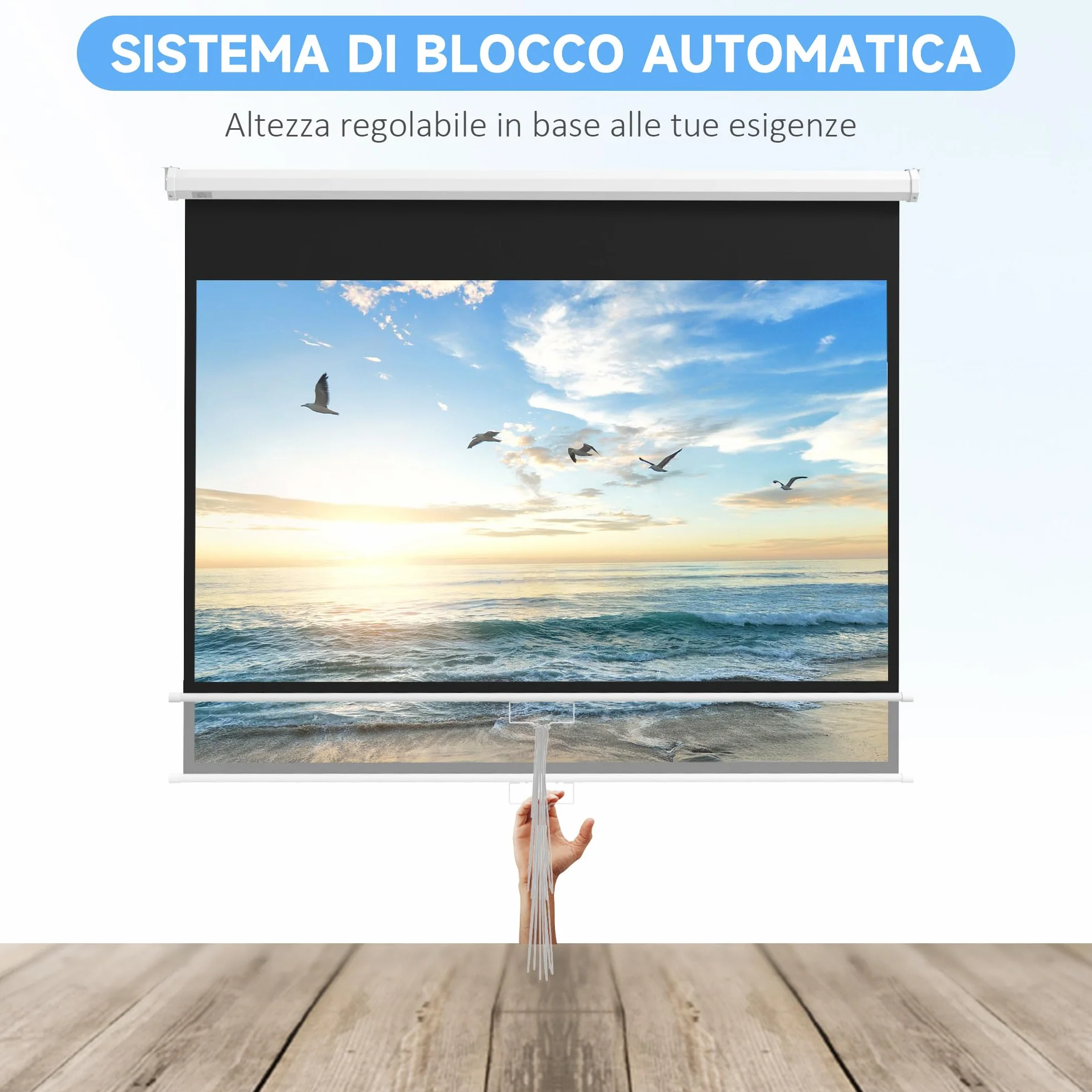 HOMCOM Telo Proiettore da 80 Pollici 4K HD Formato 16:9, Altezza Regolabile Manuale, Schermo Proiettore, Grandangolo di 160 Gradi, Telo Videoproiettore per Casa, Home, Cinema, Ufficio, Esterno, Bianco