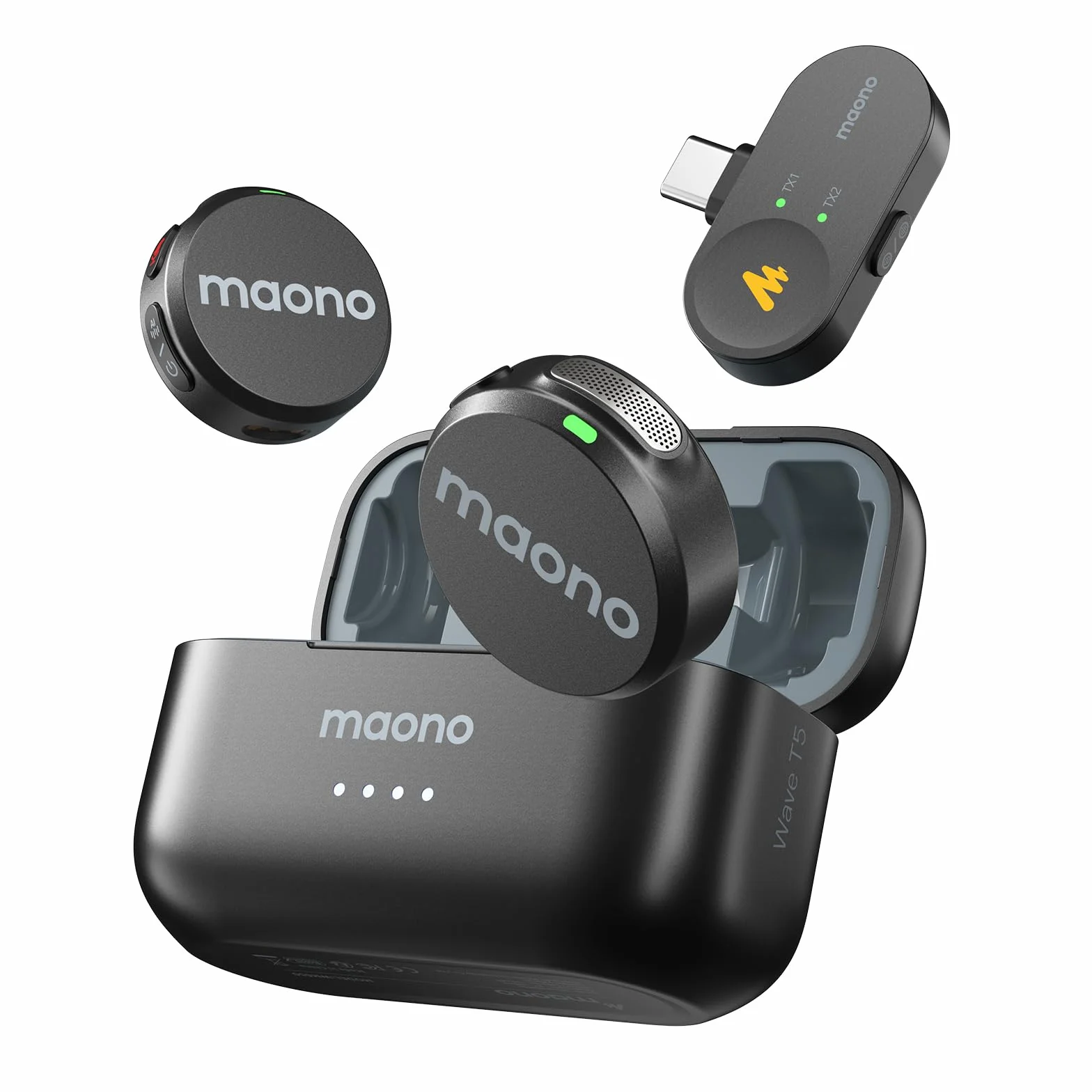 MAONO Wave T5 Mini Microfono Wireless per Smartphone (USB-C) - Microfono Lavalier 48kHz/24Bit, 30h di Autonomia, 300m di Raggio e Riduzione del Rumore. Mini Microfono per Vlog e Streaming su YouTube