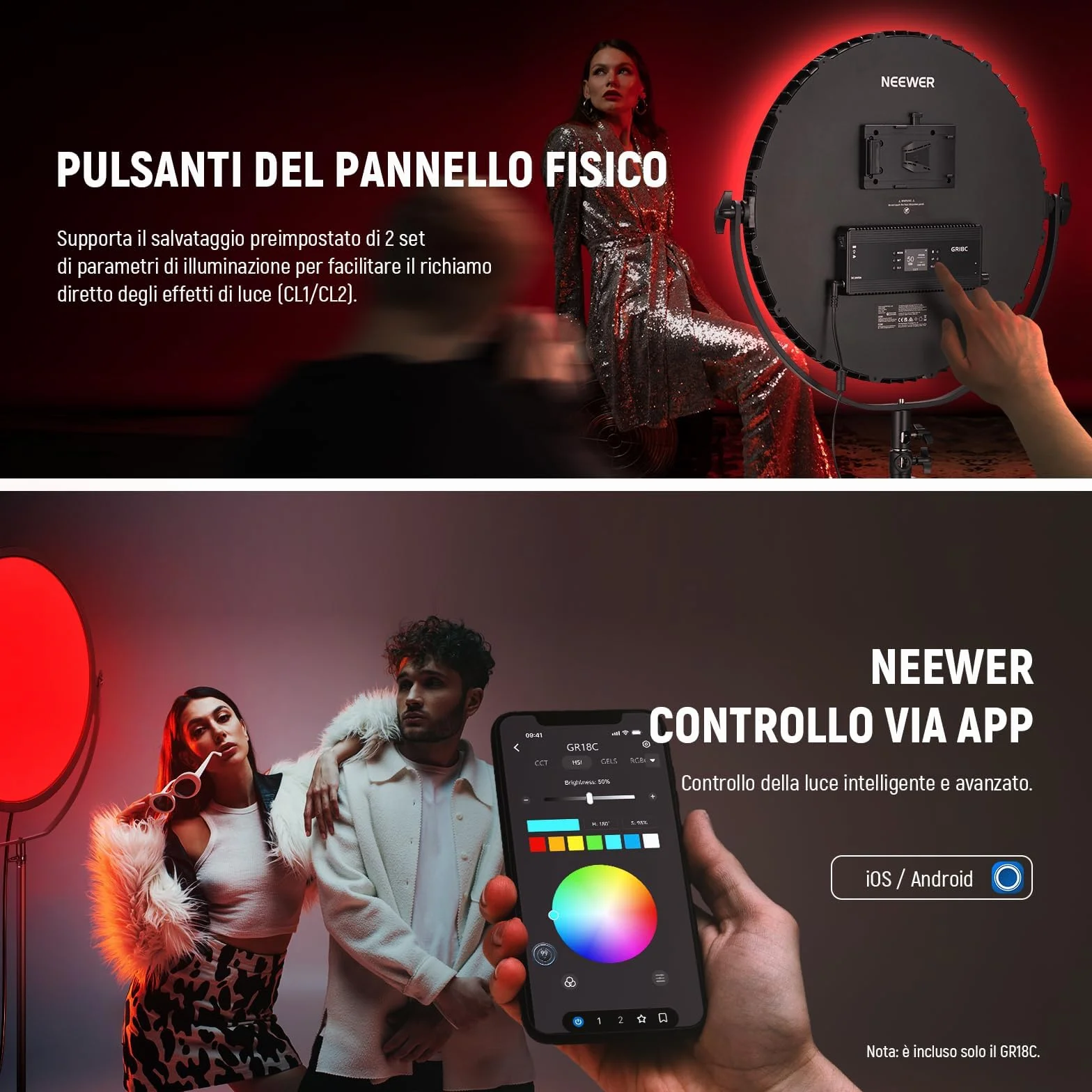 NEEWER 18" Pannello Luce Video LED RGB Rotondo con Controllo APP, 65W 6000Lux/0.5m 2500K-8500K RGBCW Illuminazione da Studio Fotografico /18 Scene/Alimentata a Batteria V per Riprese Streaming, GR18C