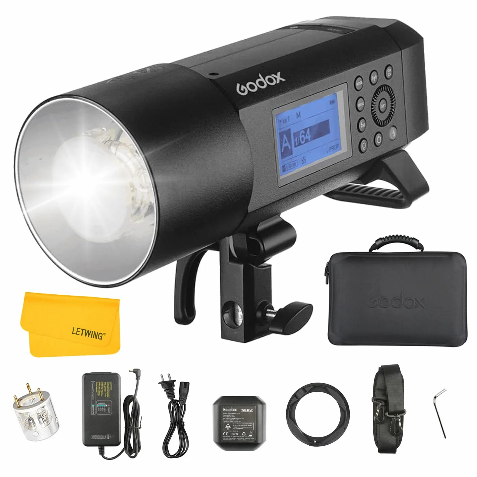 Godox AD400Pro 400W Outdoor Strobo Esterna TTL Flash Speedlite Portatile Batteria Li-ION 1 / 8000s HSS Godox 2.4G Sistema integrato 390 Tempo di Ricarica a Piena Potenza 0,01-1s 30w Lampada