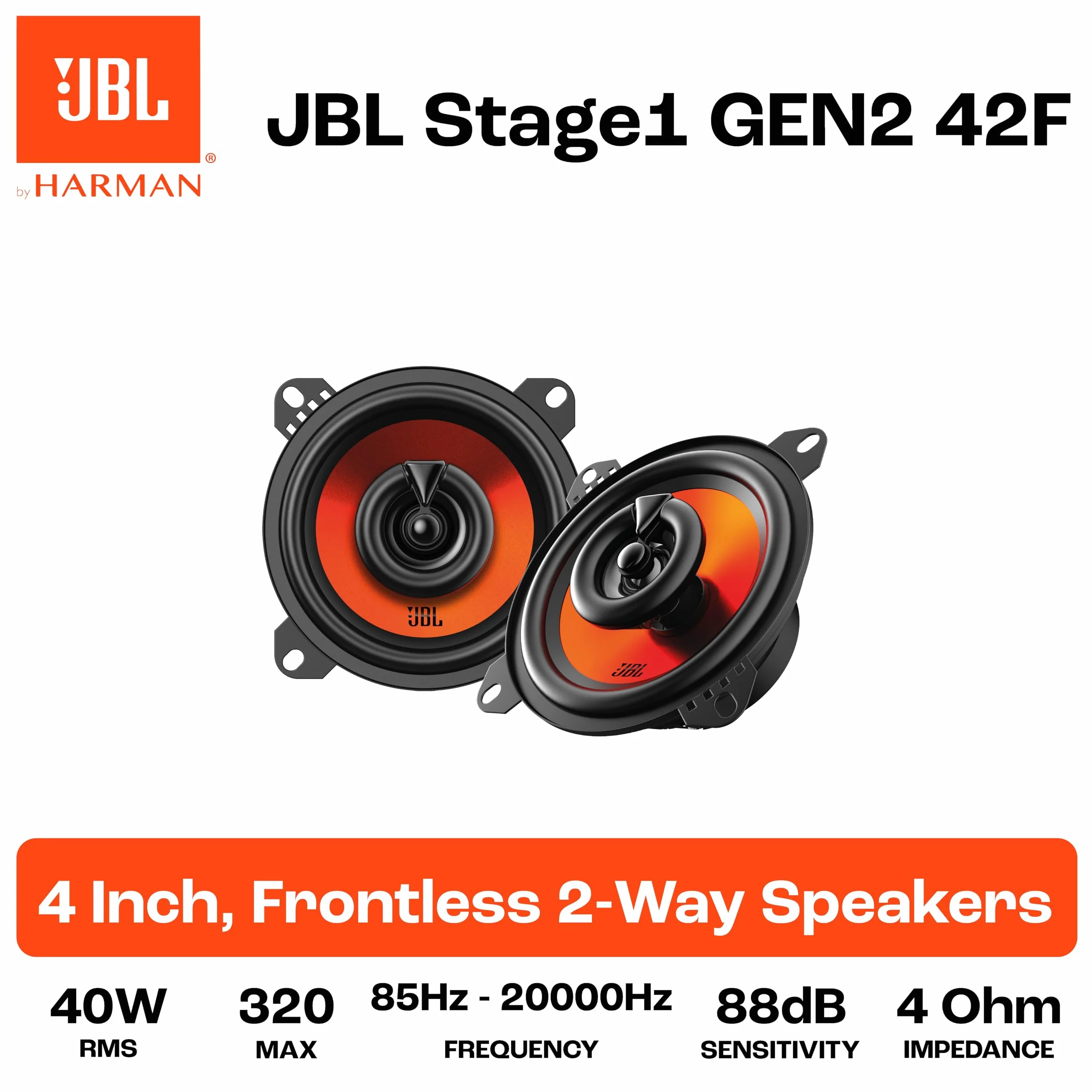 JBL Stage1 42F Altoparlante Auto Coassiale 100mm 4" con 40W RMS e 320W Max, sensibilità 88dB, risposta 85Hz–20kHz e impedenza 4 ohm per un audio nitido, uniforme e prestazioni sempre affidabili