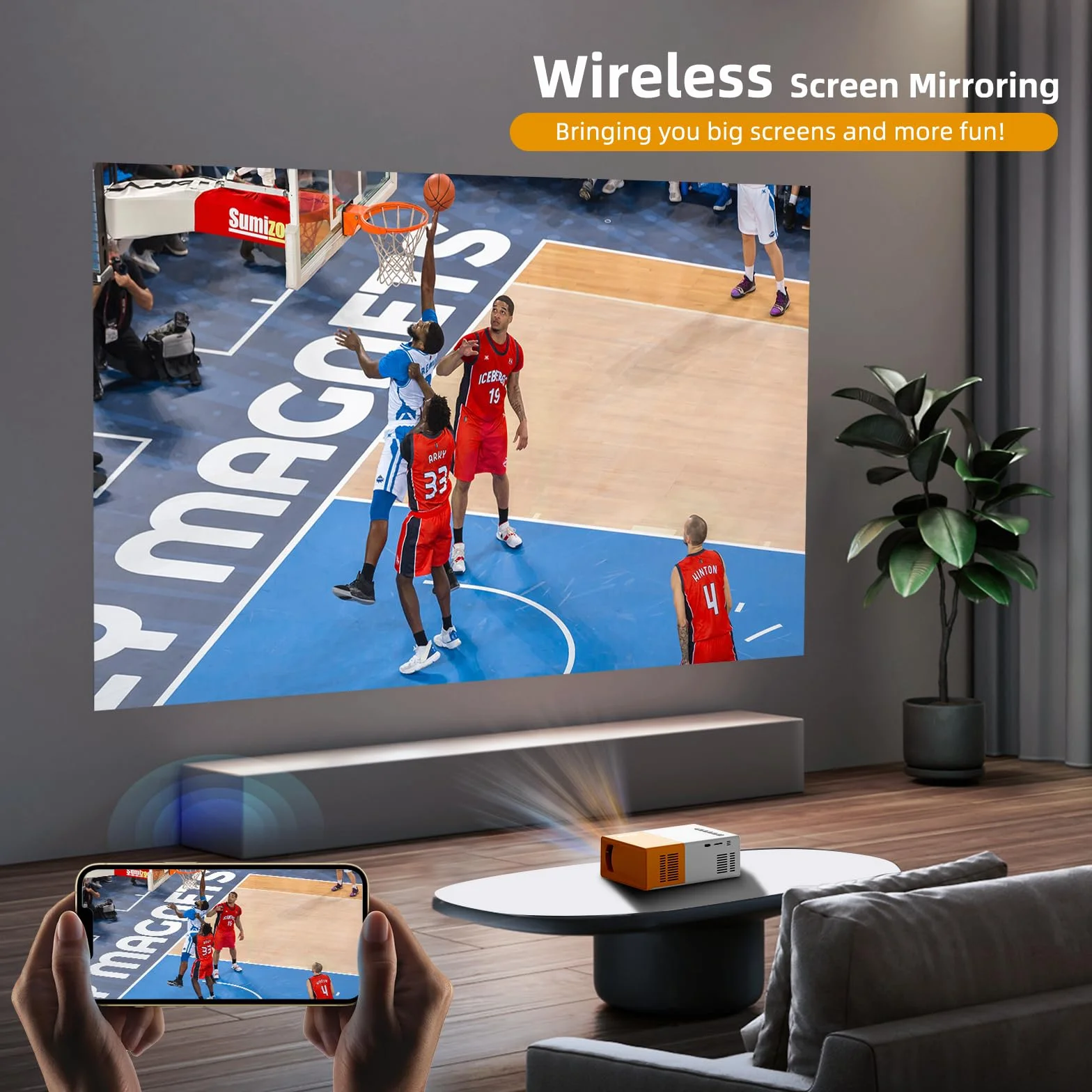 Proiettore PVO WiFi Film Portatile, Schermo del Telefono può Essere Specchiato al Proiettore in Modalità Wireless o Tramite Cavo Dati, Compatibile con Phone/Tablet/Laptop/TV Stick/USB (YG300ProMax)