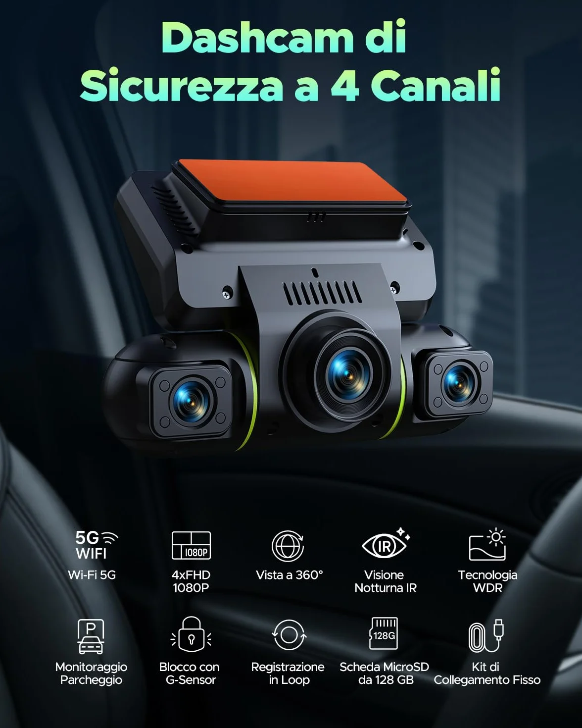 LAMTTO Dash Cam Auto 360 Gradi Dashcam Controllo APP WiFi 5G 4 Canali Telecamera per Auto Monitoraggio del Parcheggio IR Visione Notturna Kit di Cablaggio Scheda 128GB Gratuita