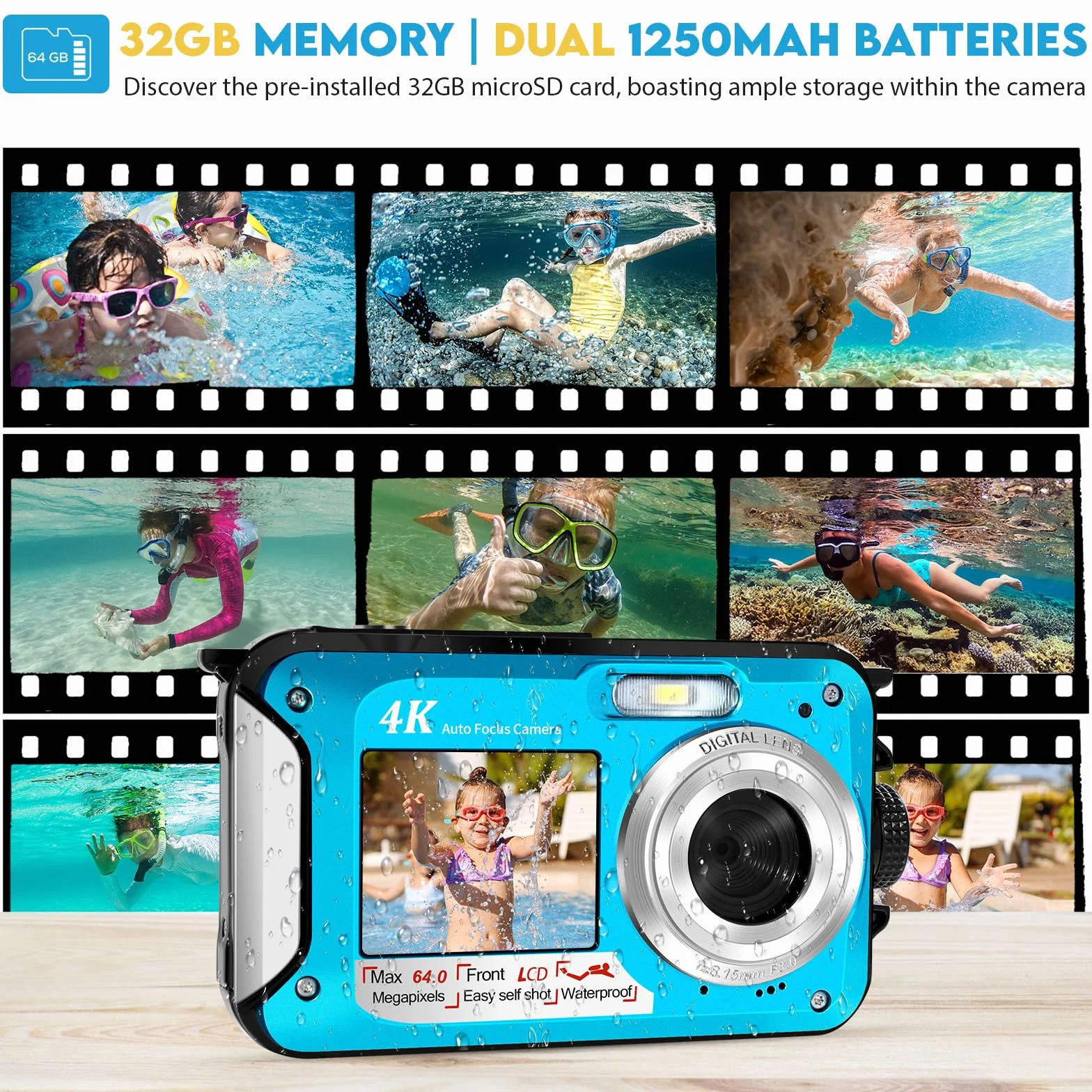 64MP Macchina Fotografica Subacquea Con Scheda Di Memoria Da 32 GB, 4K Fotocamera Subacquea Con Autofocus E Doppio Schermo Selfie HD, 5 Metri Fotocamera Subacquea Digitale (2 Batterie)