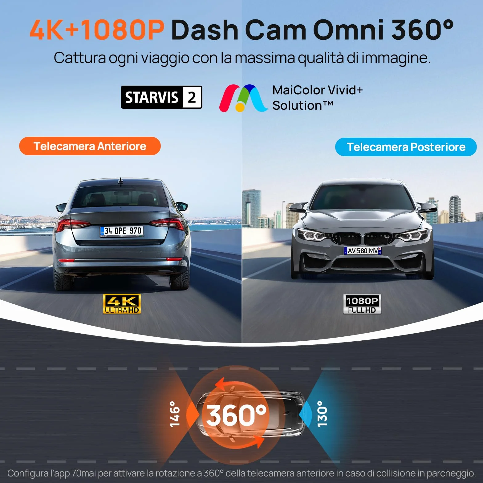 70mai Dash Cam 4K Omni, Dual-Channel 4K+1080P DashCam Auto 360 Gradi, Rilevamento Movimento AI, Visione Notturna, 5GHz WiFi6 GPS Telecamera per Auto, Modalità Parcheggio 24H, Controllo APP, Max 512G