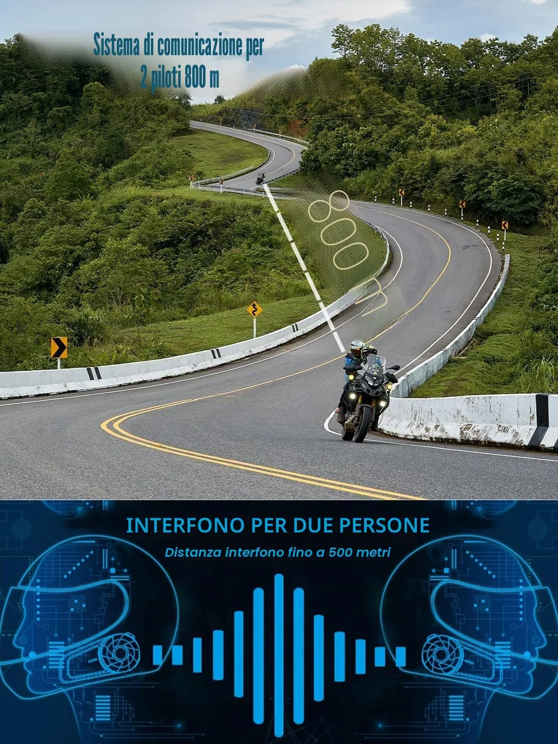 MAXTO Cuffie Bluetooth per moto, interfono a rete, 1000 m 8 piloti, sistema di comunicazione per moto,CVC+DSP cancellazione del rumore, condivisione musica,IP67 impermeabile(2 Pezzi)