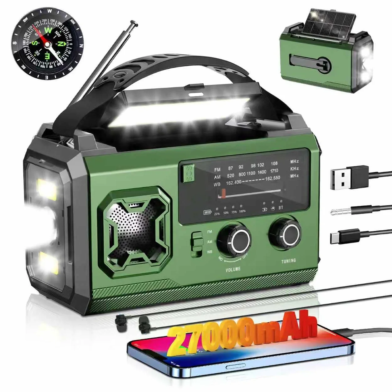 Radio Manovella 27000 mAh AM/FM Portatile Solare Emergenza Bluetooth Power Bank