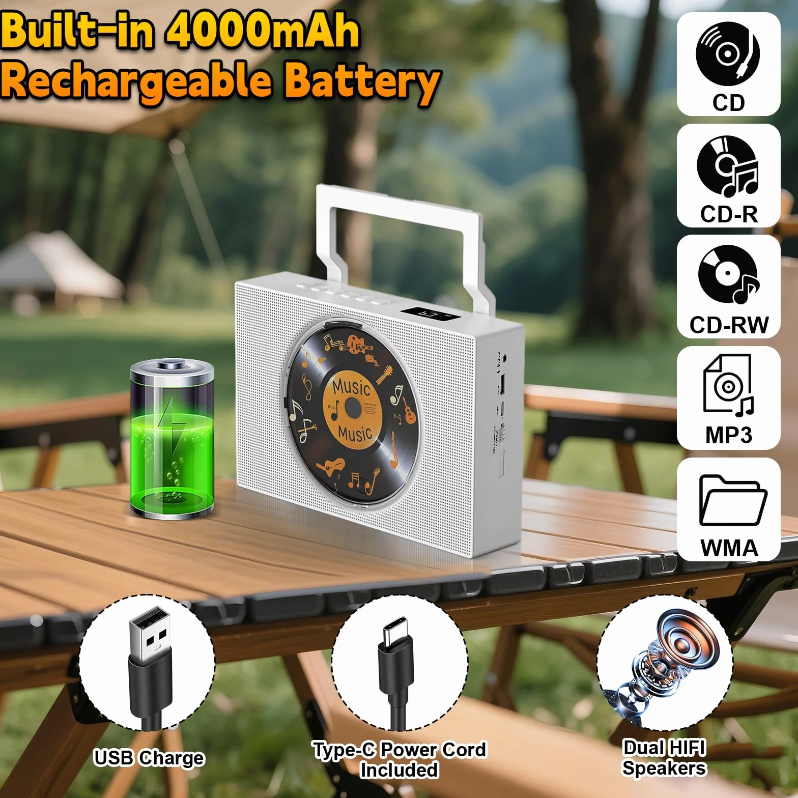Gueray Lettore CD Portatile con Radio Bluetooth, Altoparlanti, Display, Telecomando, AUX 3.5mm, Jack Cuffie, Radio FM, USB Type-C