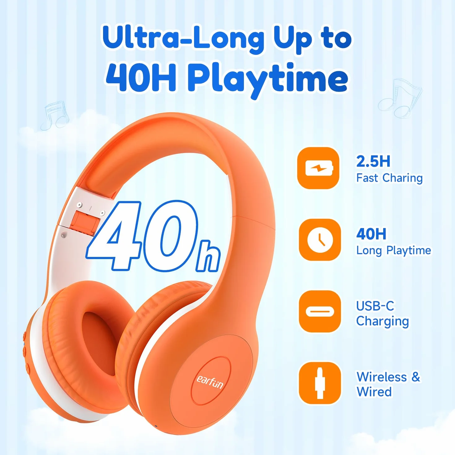 EarFun K2 Cuffie Bluetooth Bambini, Cuffie Wireless e Cablato, Limitatore Volume Sicuro 85/94 dB, 40 Ore Autonomia, Over-Ear Pieghevoli e Regolabili per Scuola/Tablet/Viaggio, Bluetooth 5.4, Arancione