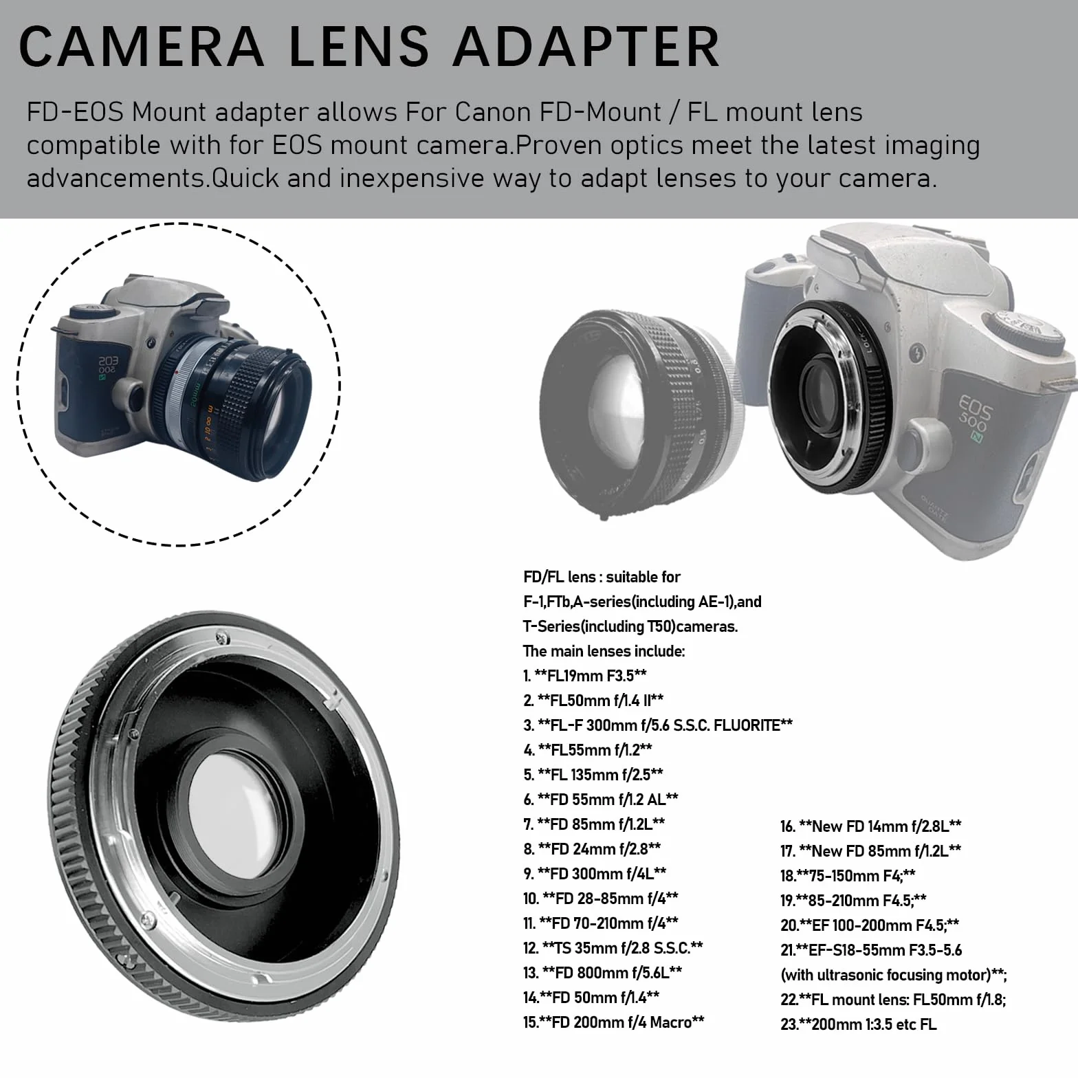 FD-EOS Adattatore per obiettivo per obiettivo Canon (FD/FL), compatibile con fotocamera EOS EF-S Mount 7D,10D,20D,30D, 40D,50D,60D, Rebel xt,T2i,T3,T3i,T4,400D,450D,1300D