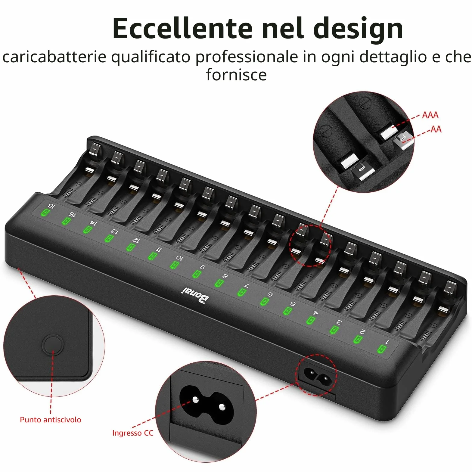 BONAI Caricabatterie Pile Ricaricabili AA AAA, Caricatore a 16 Slot per Batterie Ni-MH, Stazione di Ricarica Rapida con Monitoraggio Intelligente e Gestione Indipendente per Pile Stilo e Ministilo