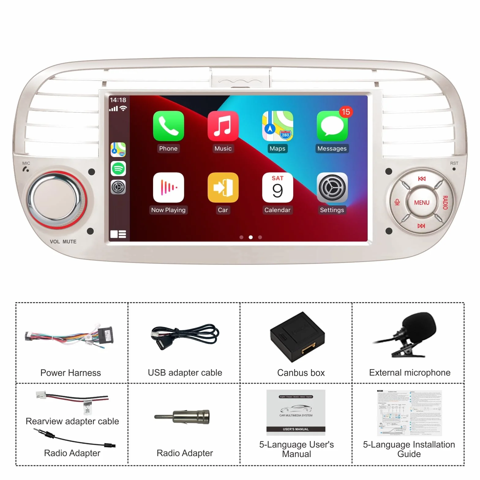 [Versione Plus] Aphrfamma Autoradio compatibile con CarPlay wireless/Android Auto per Fiat Fiat 500 2007-2015 con 7 Pollici IPS Bluetooth/FM/AM/USB/Mirror Link/Touch Display (bianco)