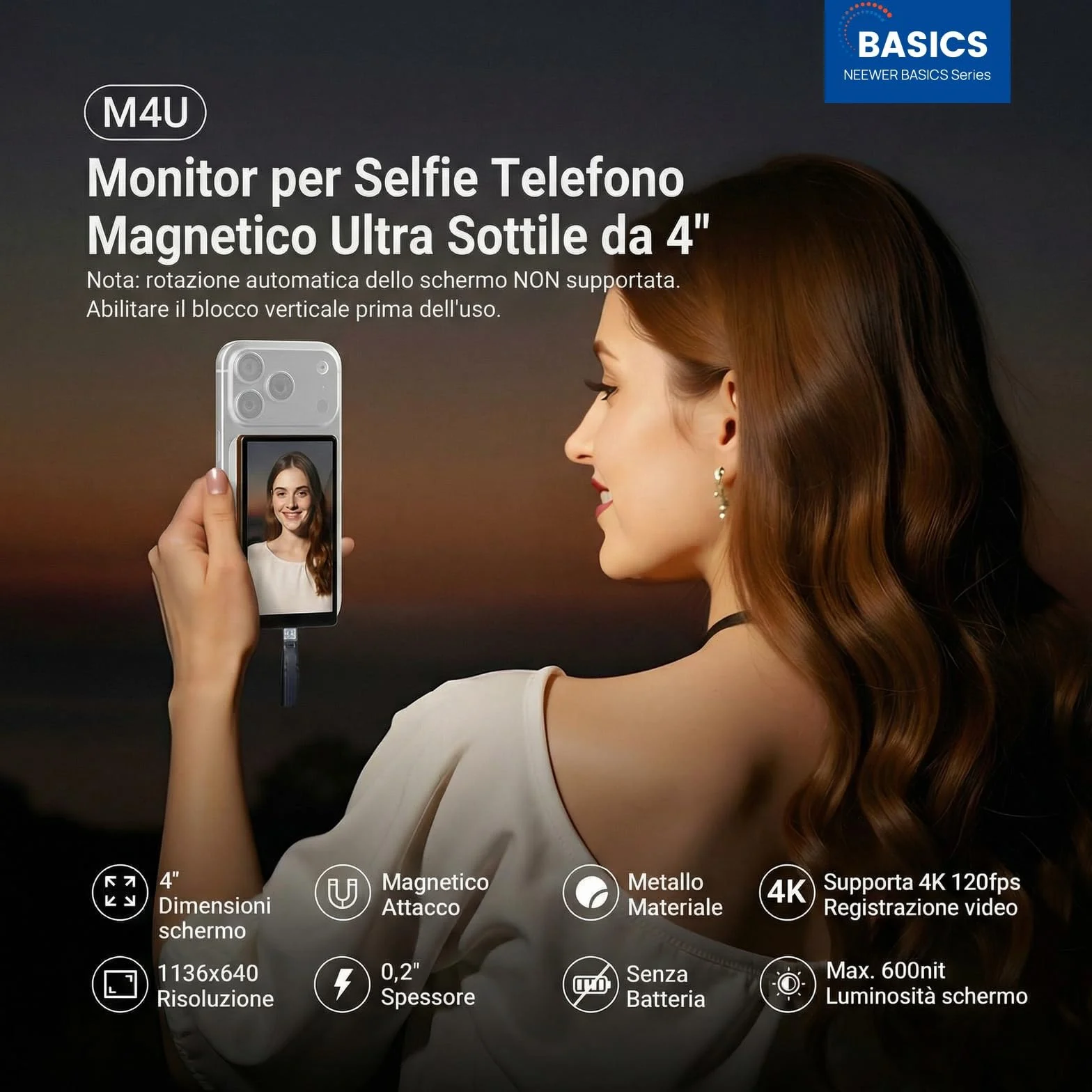 NEEWER BASICS 4" Vlog Selfie Monitor Schermo Magnetico Ultra Sottile per Fotocamera Posteriore, 600nits/Remote per Streaming Riprese Cablata 4K 120fps, Solo Compatibile con iPhone Serie 17 16 15, M4U