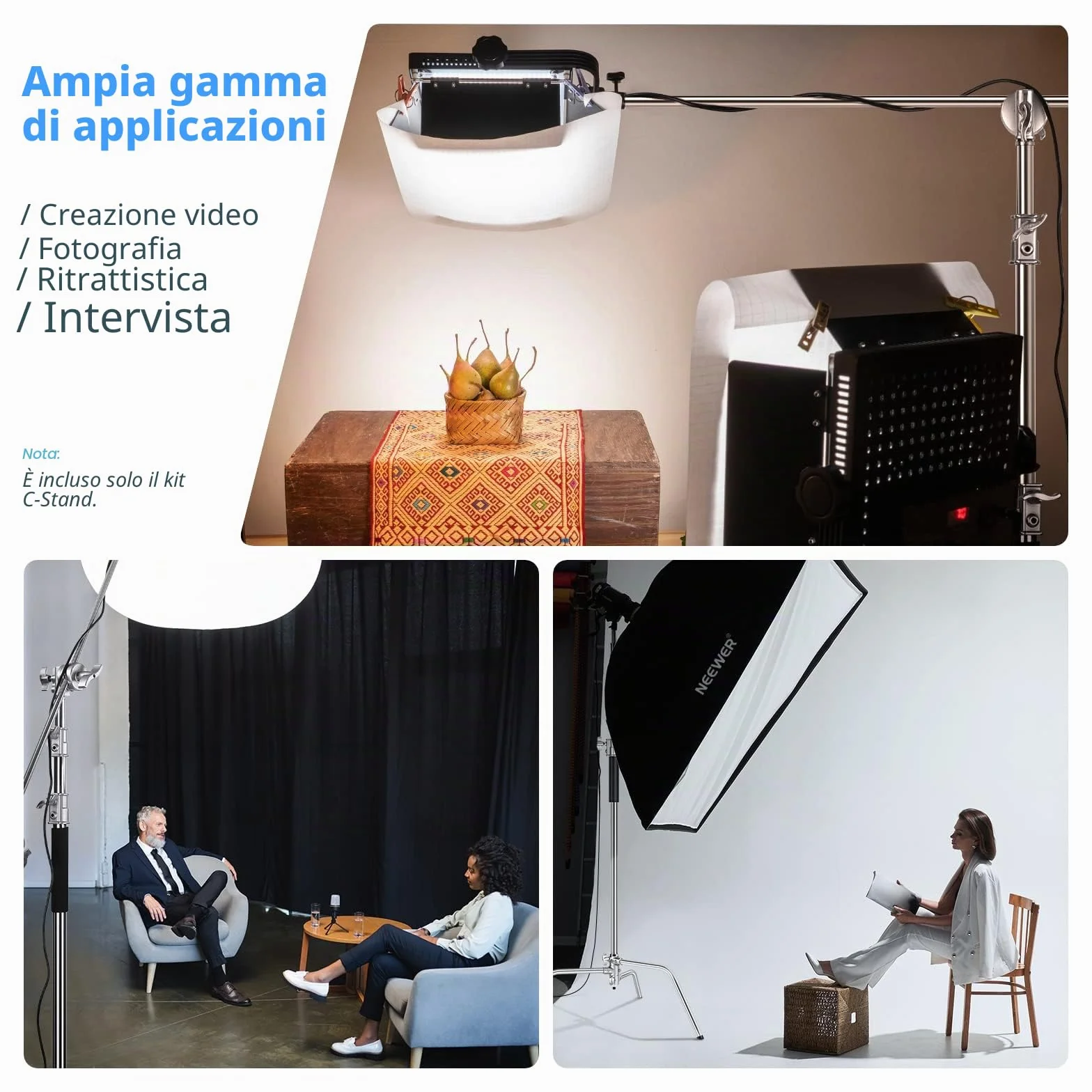 NEEWER Pro 100% Acciaio Inossidabile Heavy Duty C Stand con Braccio Braccio, Altezza Massima 10.5ft/320cm Supporto Luce per Fotografia con 4.2ft/128cm Braccio, 2 Grip Head per Studio Monolight