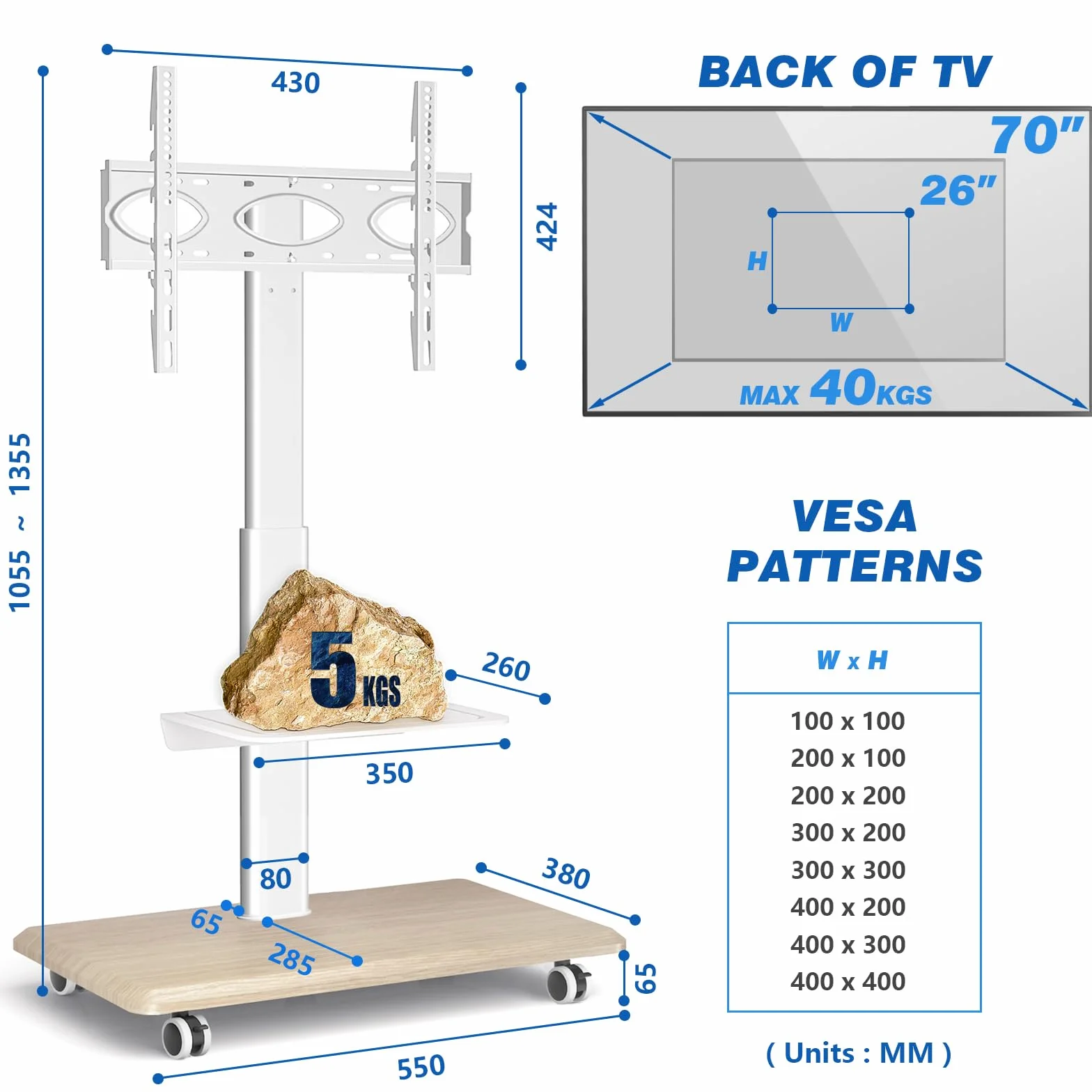 RFIVER Supporto TV da Pavimento con Ruote per Schermo 27-70 pollici LED LCD Plasma Porta TV Mobile Carrello Girevole/Regolabile in Altezza/con 2 Ripiani